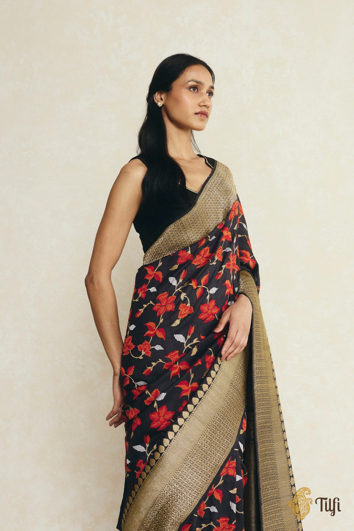 Black Pure Tussar Georgette Silk Banarasi Handloom Saree