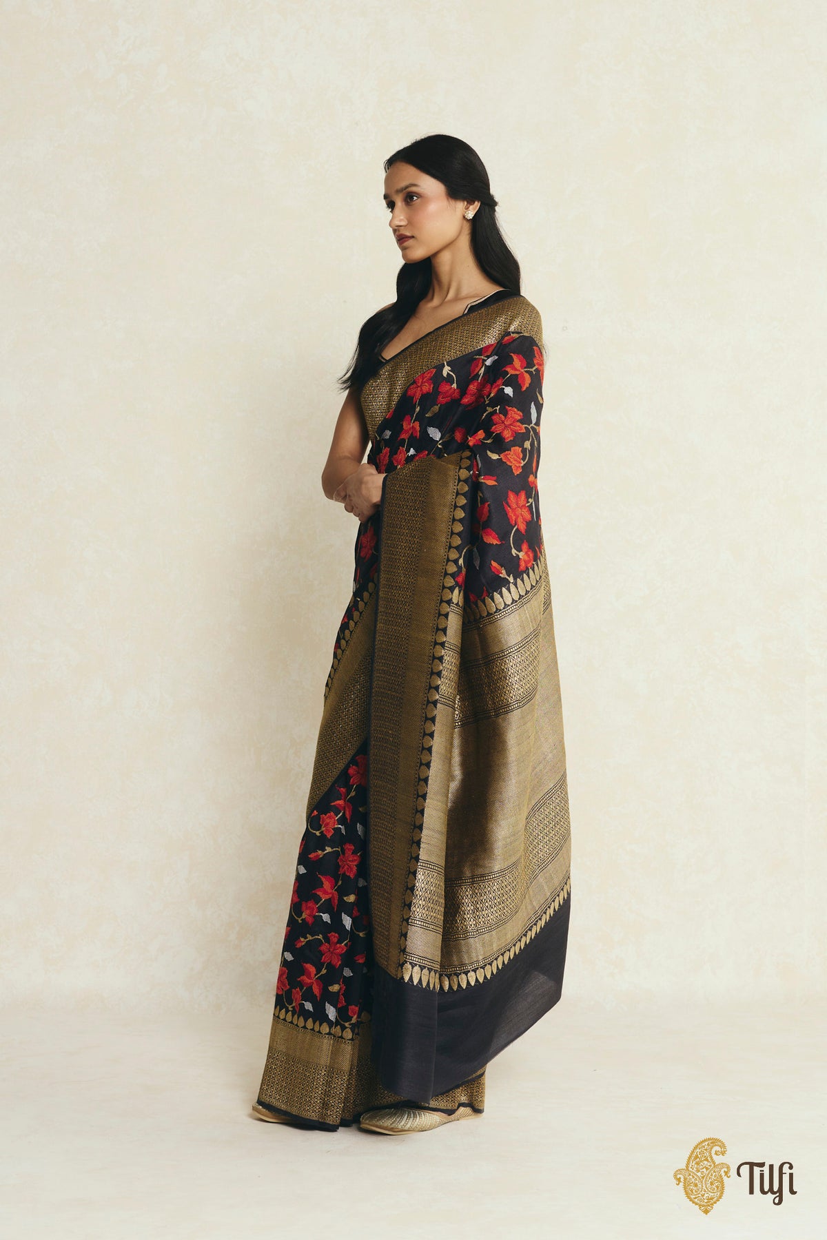 Black Pure Tussar Georgette Silk Banarasi Handloom Saree