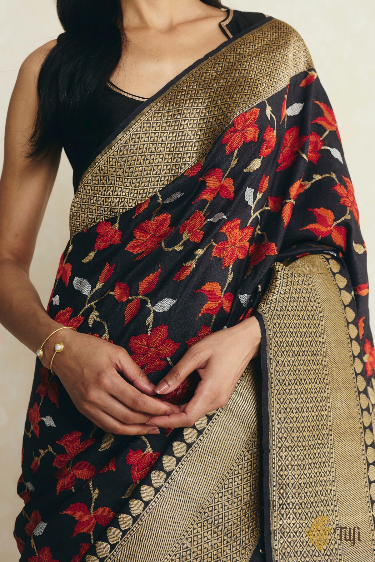 Black Pure Tussar Georgette Silk Banarasi Handloom Saree