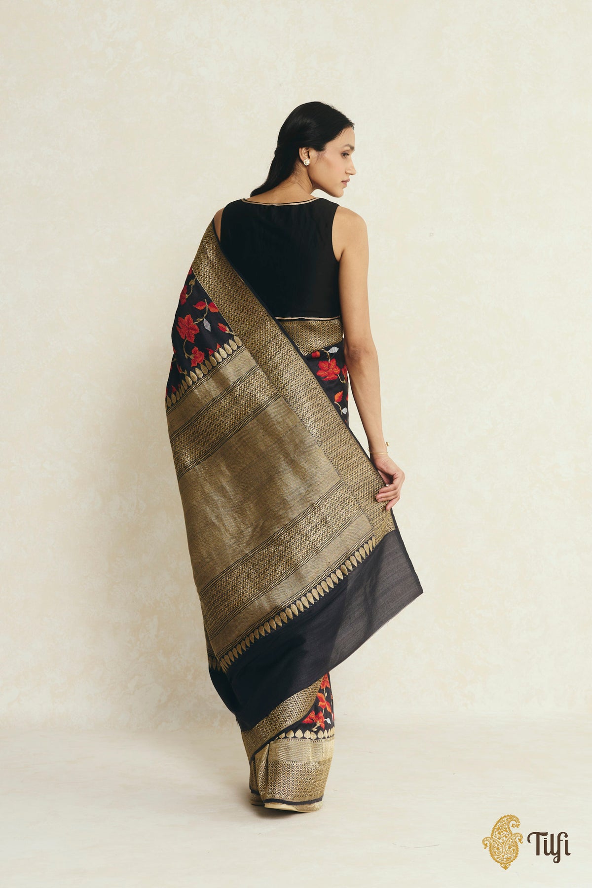 Black Pure Tussar Georgette Silk Banarasi Handloom Saree