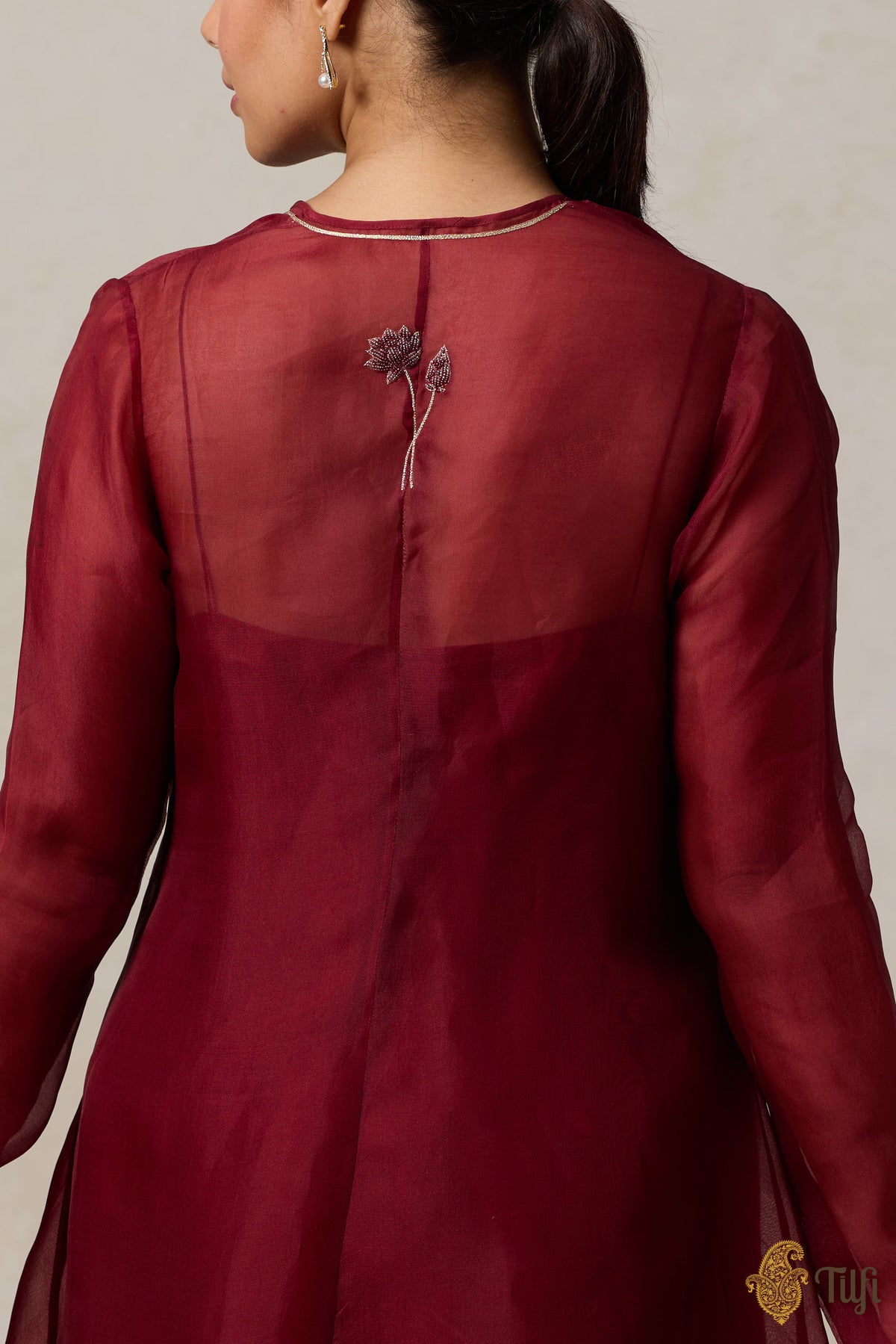 Maroon Pure Silk Suit Set with Hand-Embroidered Organza Overlay