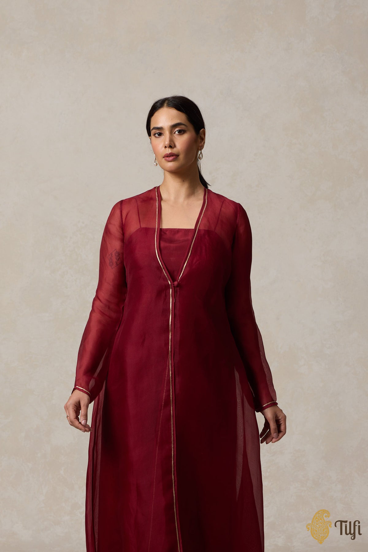 Maroon Pure Silk Suit Set with Hand-Embroidered Organza Overlay