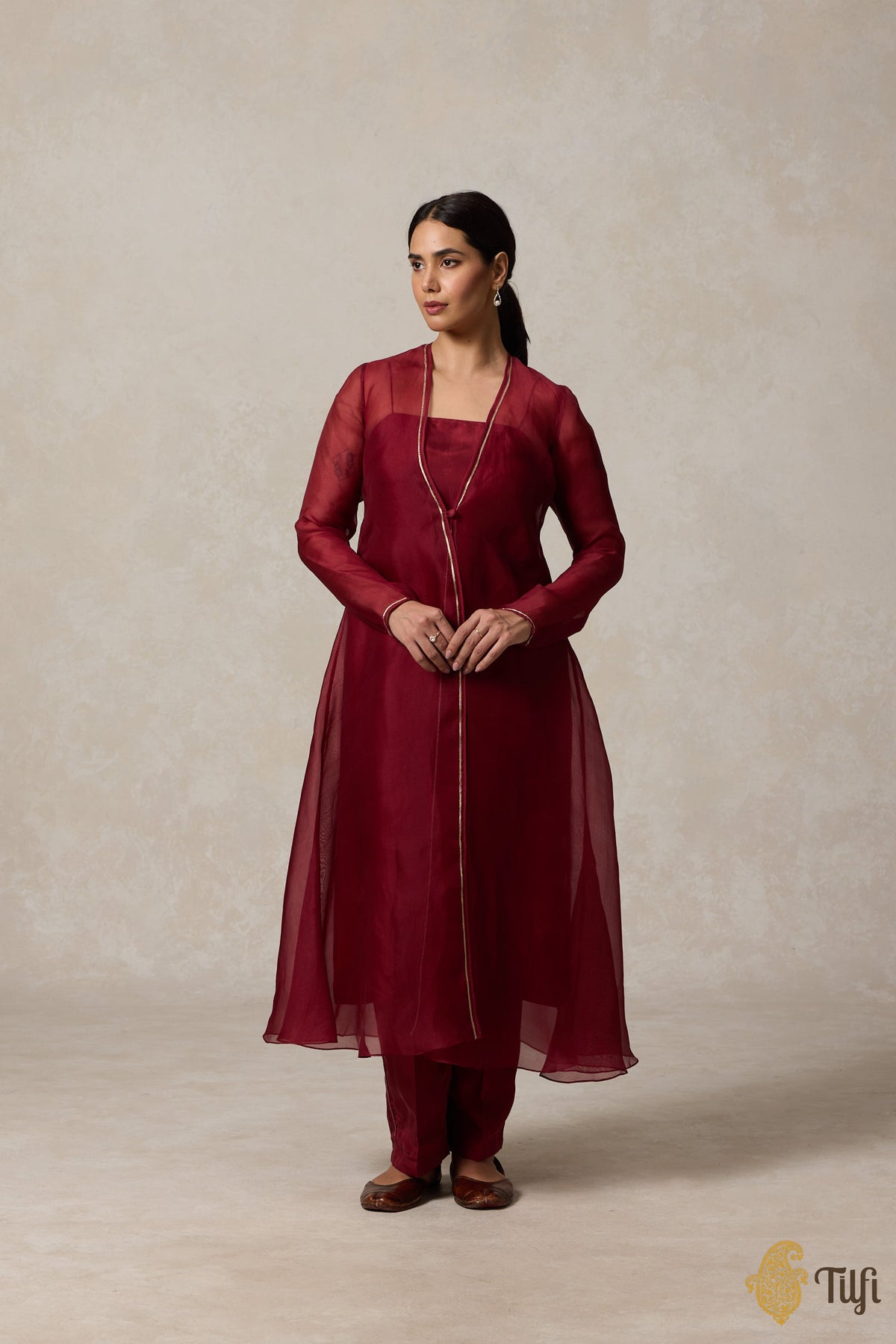 Maroon Pure Silk Suit Set with Hand-Embroidered Organza Overlay