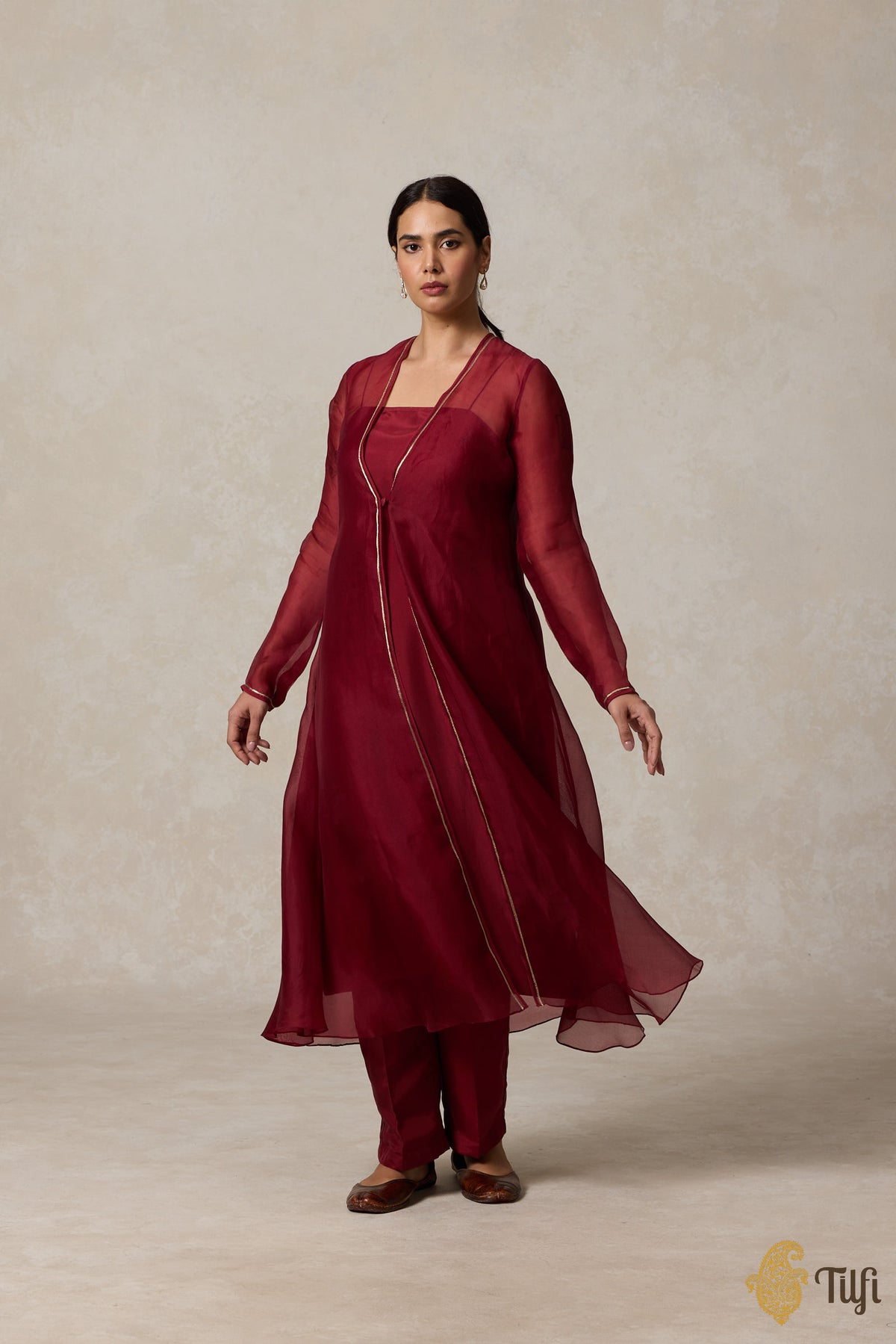 Maroon Pure Silk Suit Set with Hand-Embroidered Organza Overlay