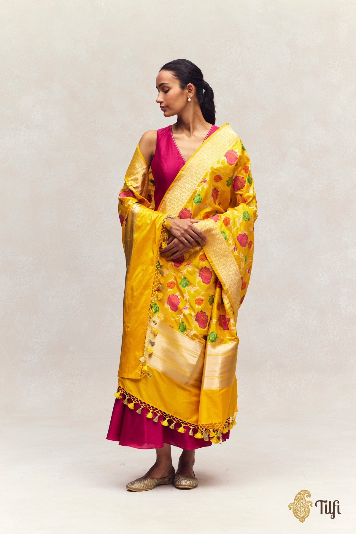 Yellow Pure Katan Silk Banarasi Handloom Dupatta