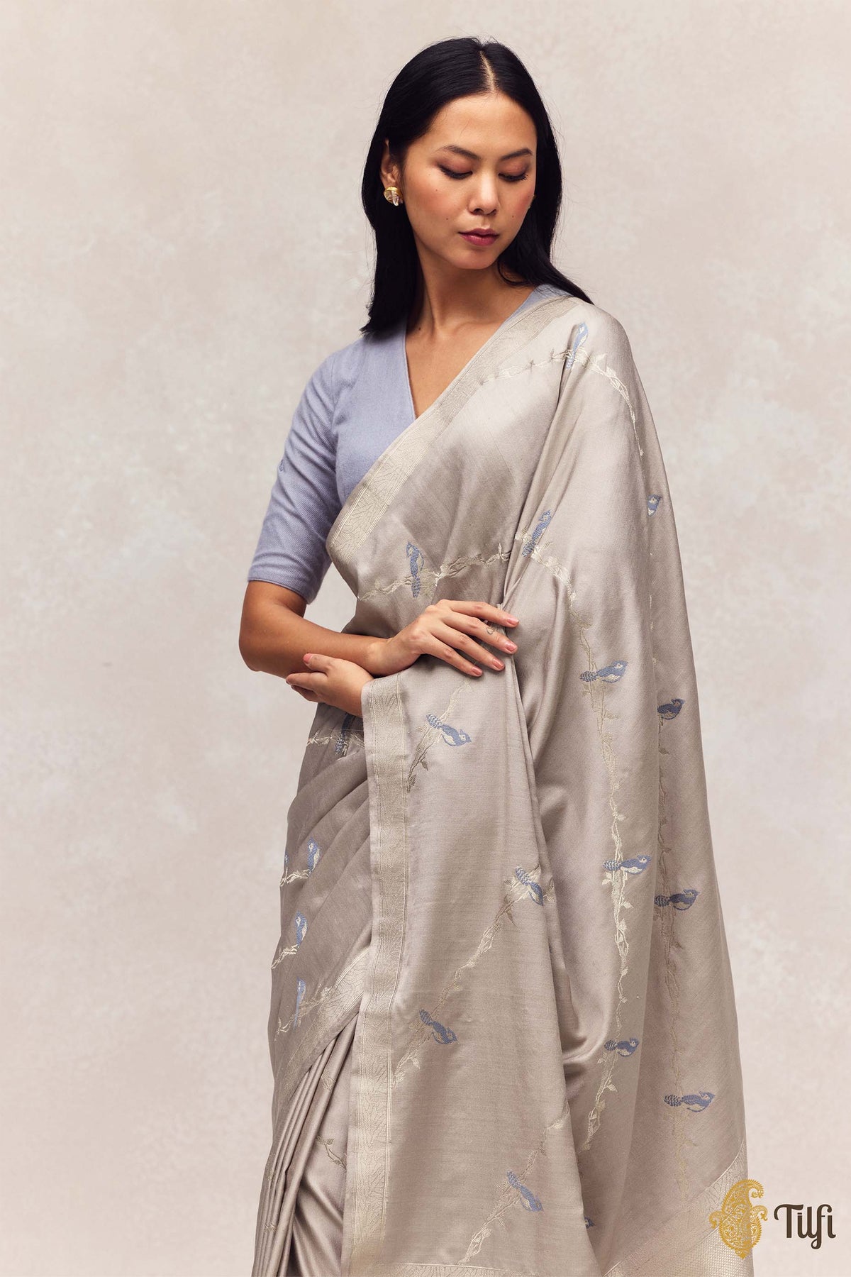 'Eden' Grey Silk-Pashmina Wool Banarasi Handloom Saree