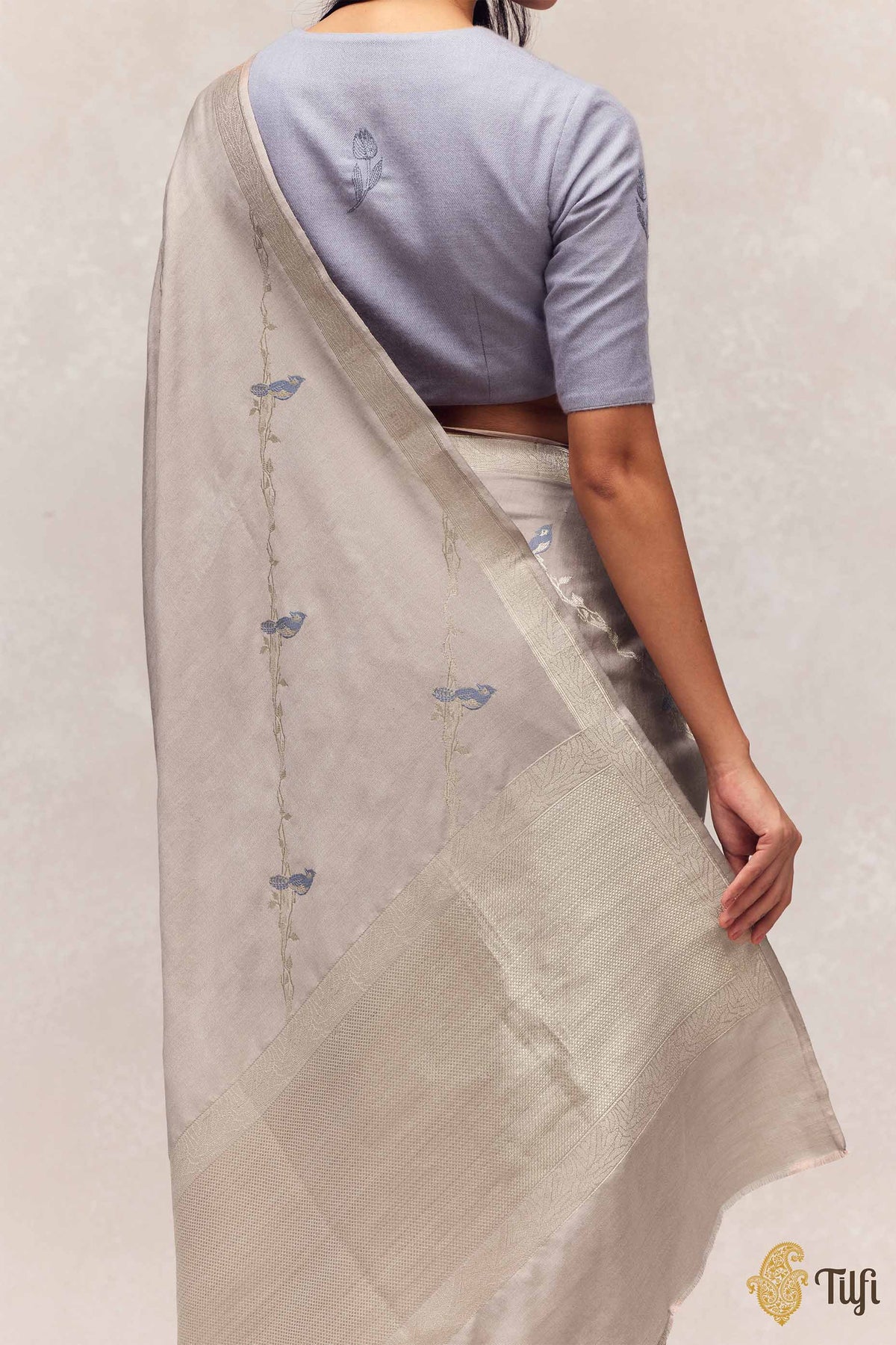 'Eden' Grey Silk-Pashmina Wool Banarasi Handloom Saree