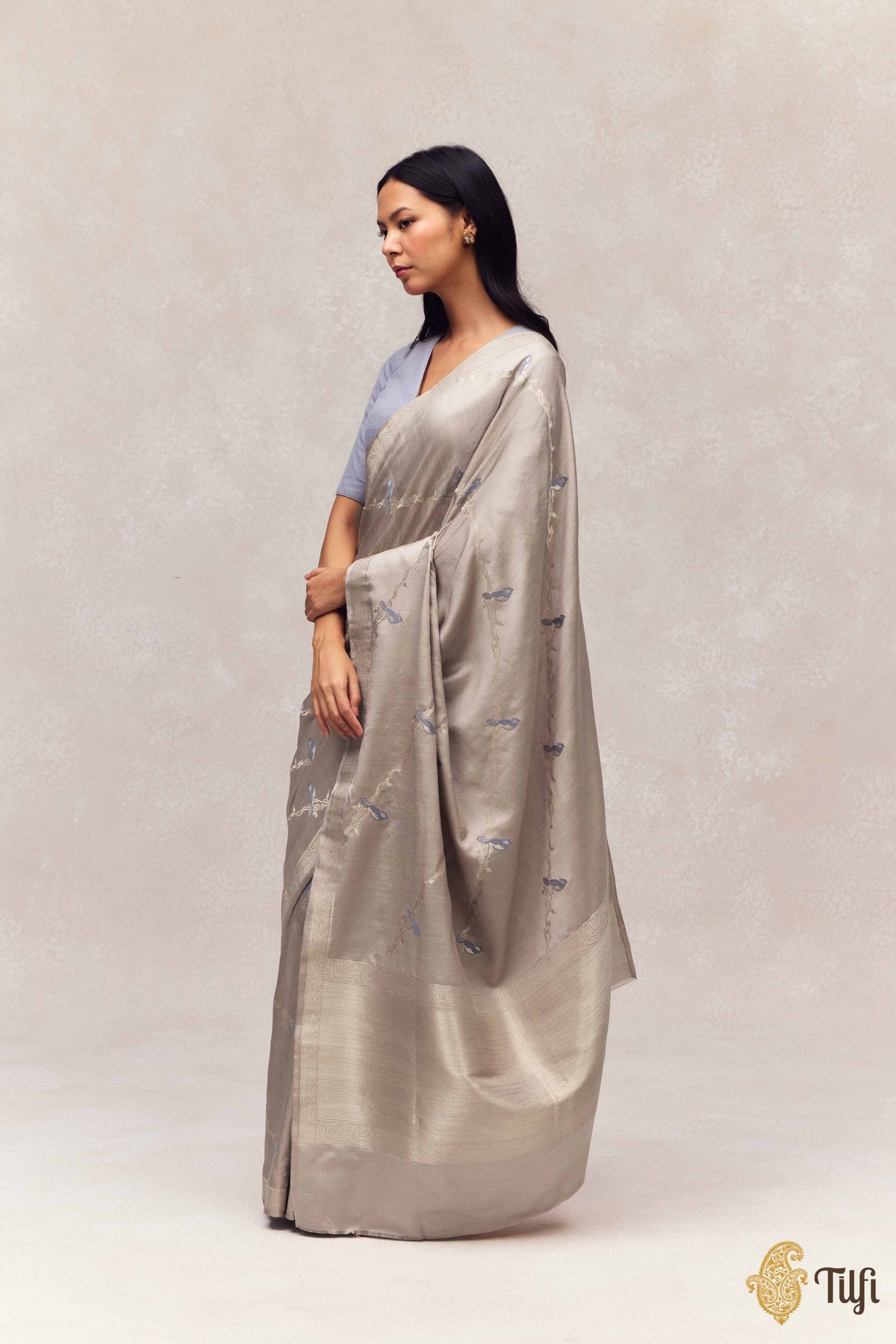 'Eden' Grey Silk-Pashmina Wool Banarasi Handloom Saree