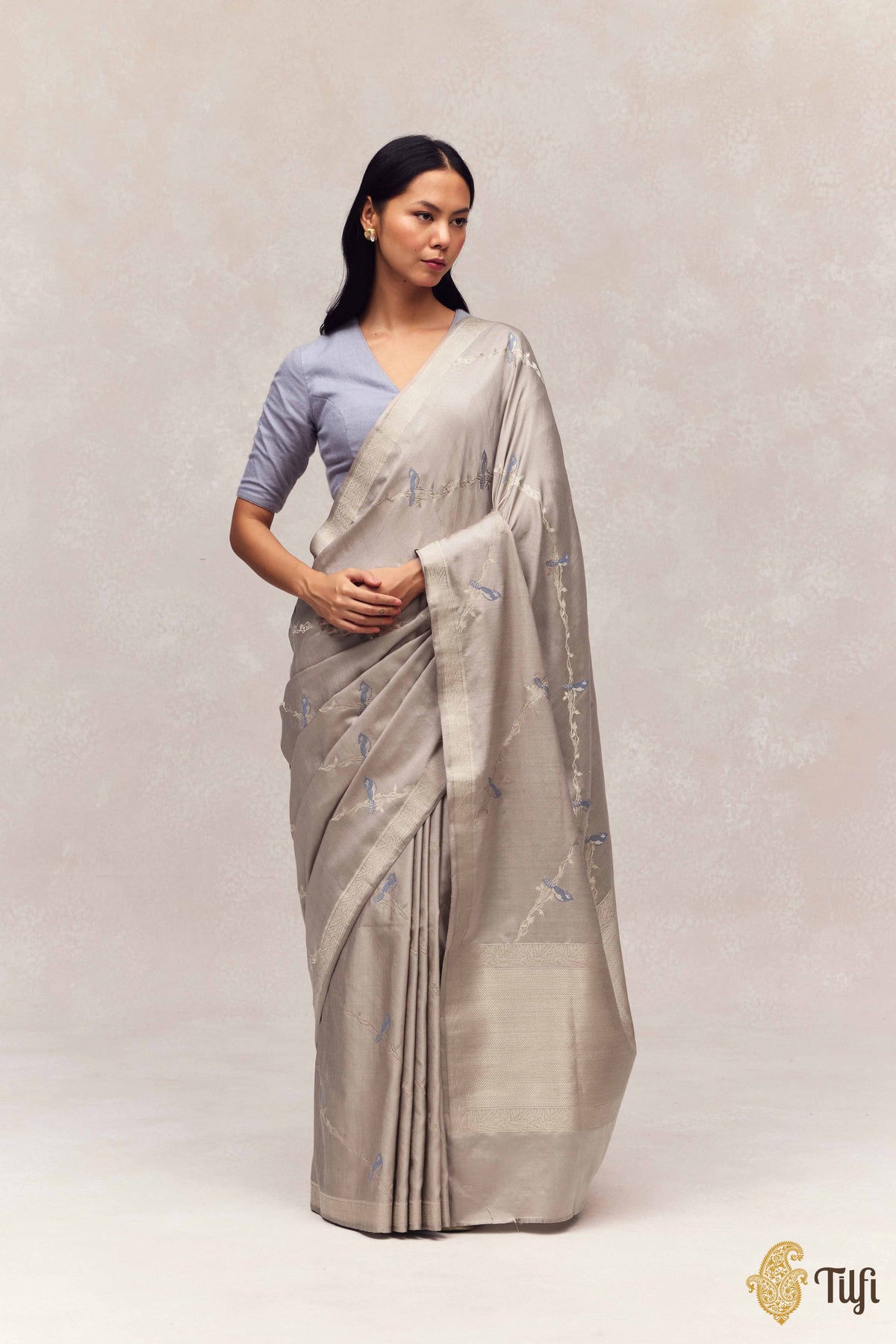'Eden' Grey Silk-Pashmina Wool Banarasi Handloom Saree