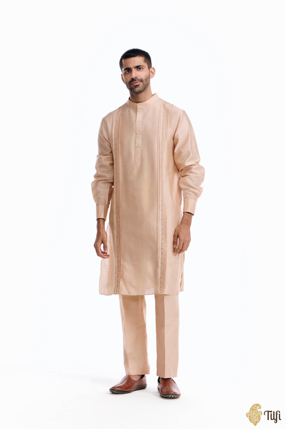 Beige Silk Cotton Hand-embroidered Kurta Set