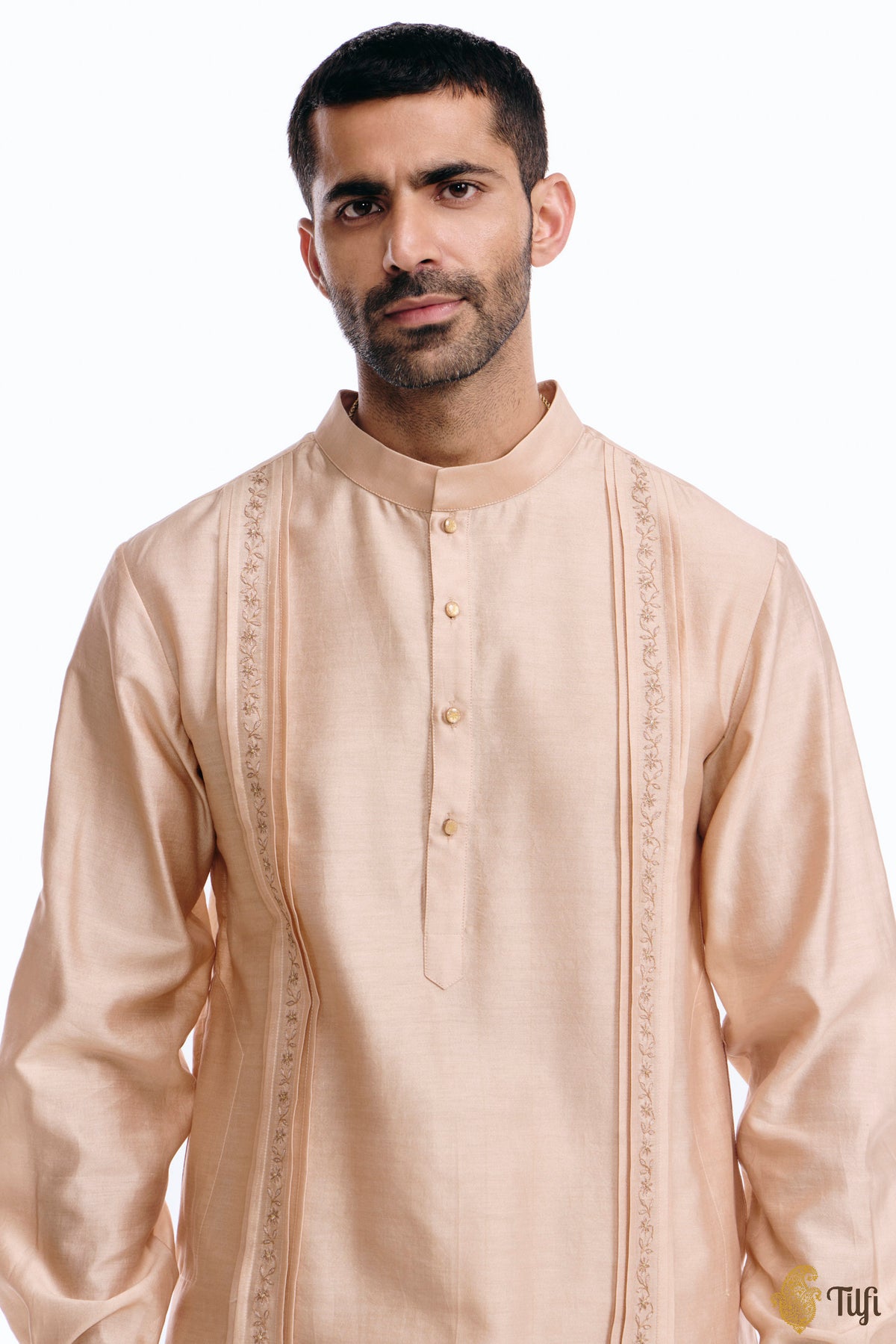 Beige Silk Cotton Hand-embroidered Kurta Set