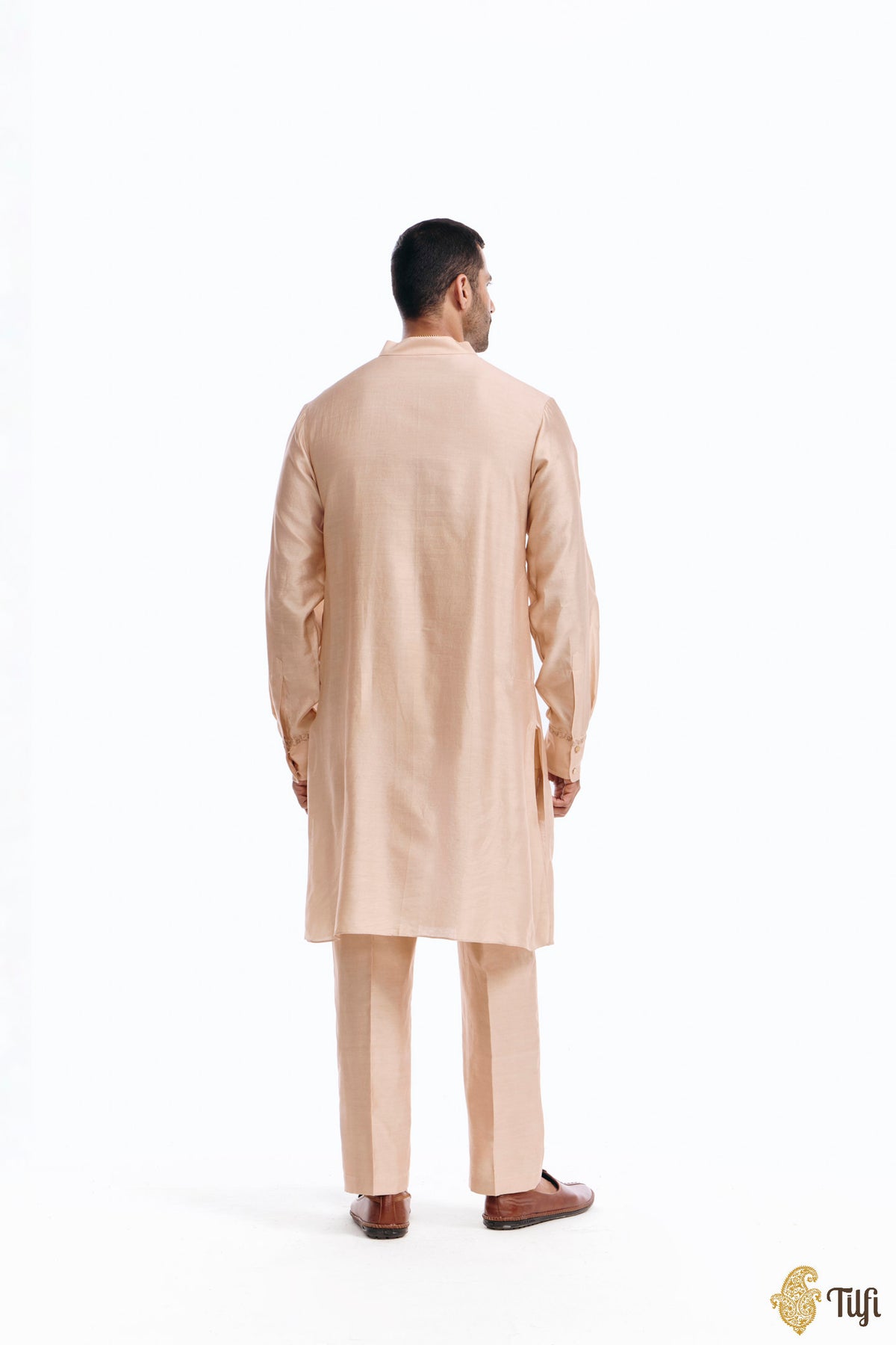 Beige Silk Cotton Hand-embroidered Kurta Set
