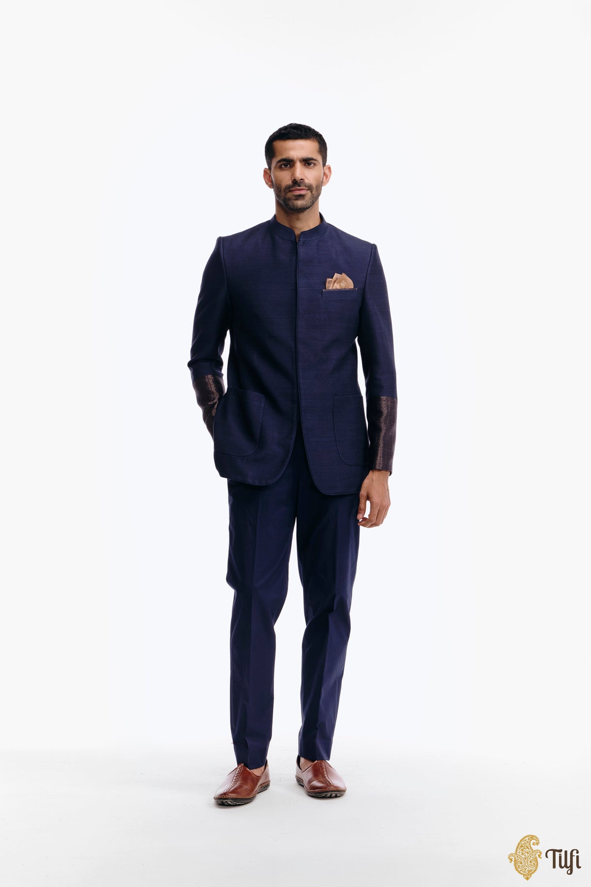 Deep Blue Pure Monga Silk Handwoven Bandhgala Set