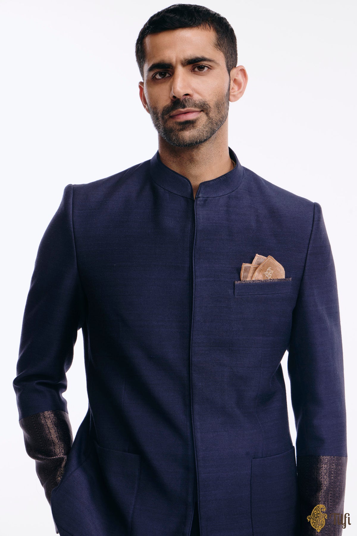 Deep Blue Pure Monga Silk Handwoven Bandhgala Set