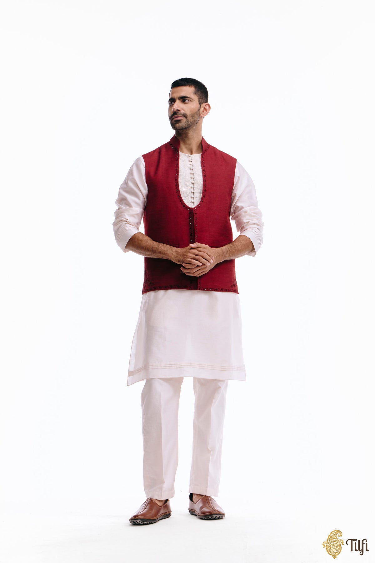 Deep Red Pure Raw Silk Handwoven Sadri