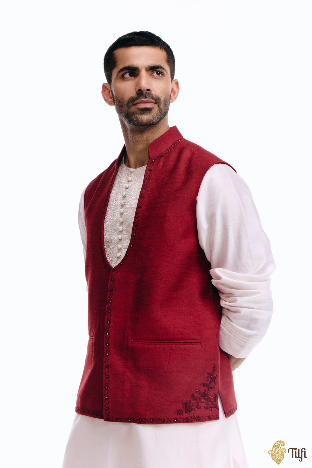 Deep Red Pure Raw Silk Handwoven Sadri