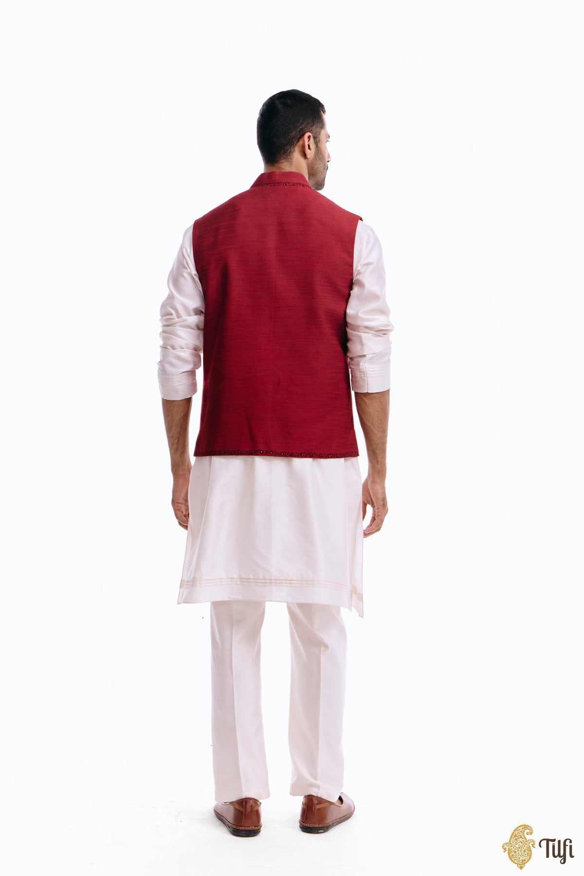 Deep Red Pure Raw Silk Handwoven Sadri