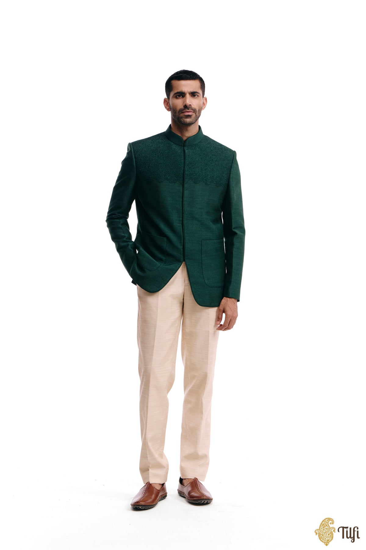 Deep Green Pure Monga Silk Handwoven Bandhgala