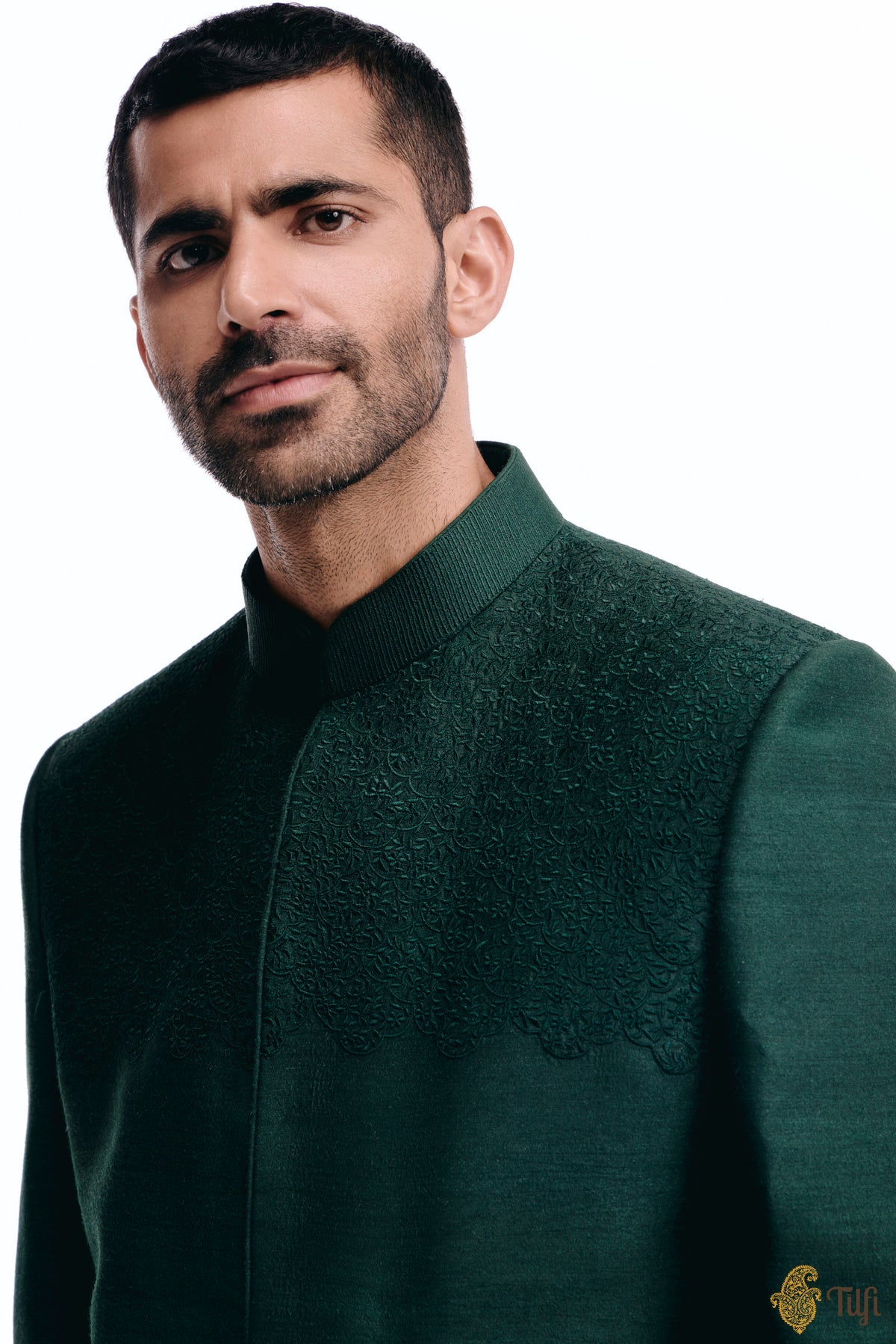 Deep Green Pure Monga Silk Handwoven Bandhgala