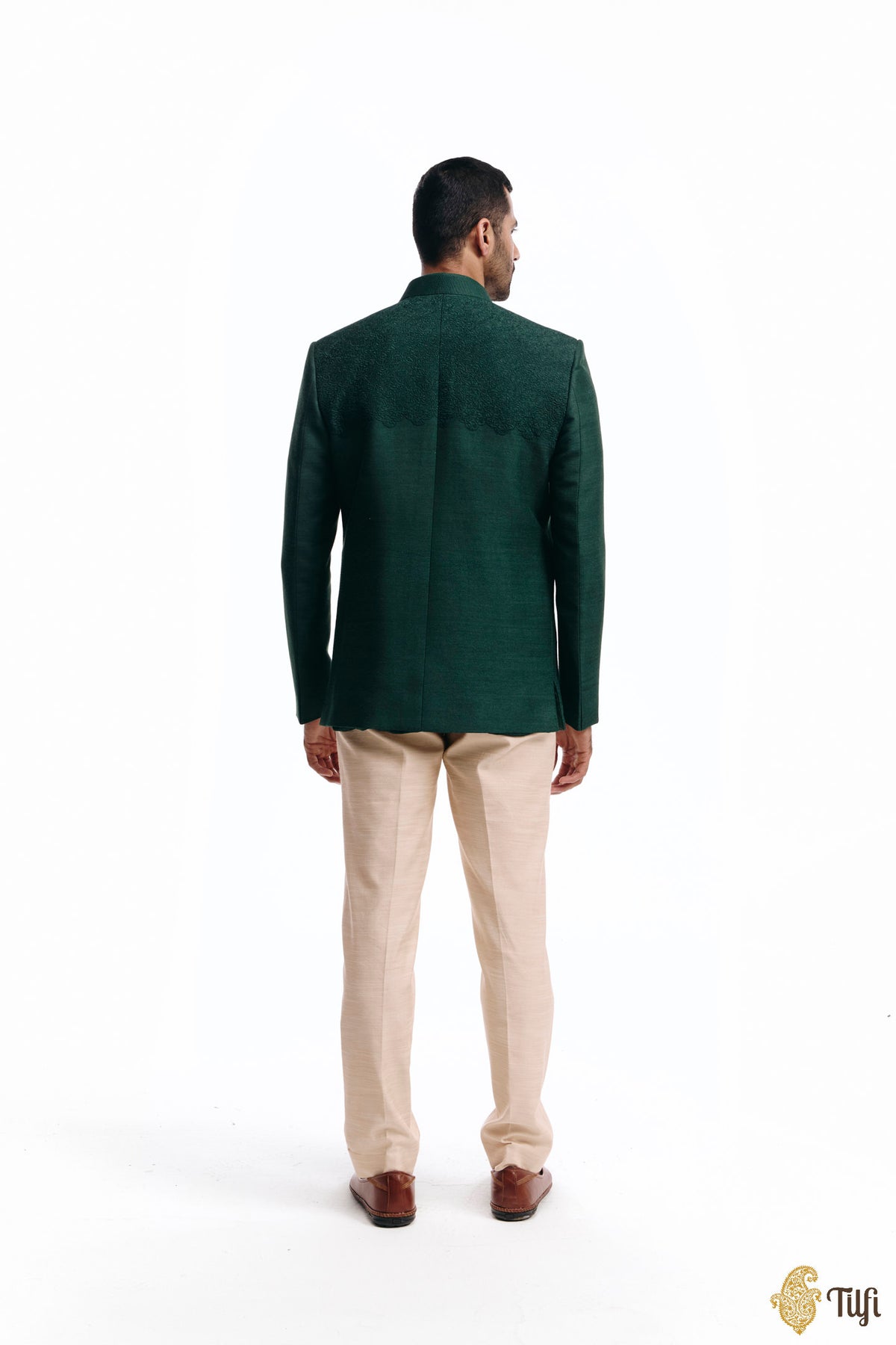 Deep Green Pure Monga Silk Handwoven Bandhgala