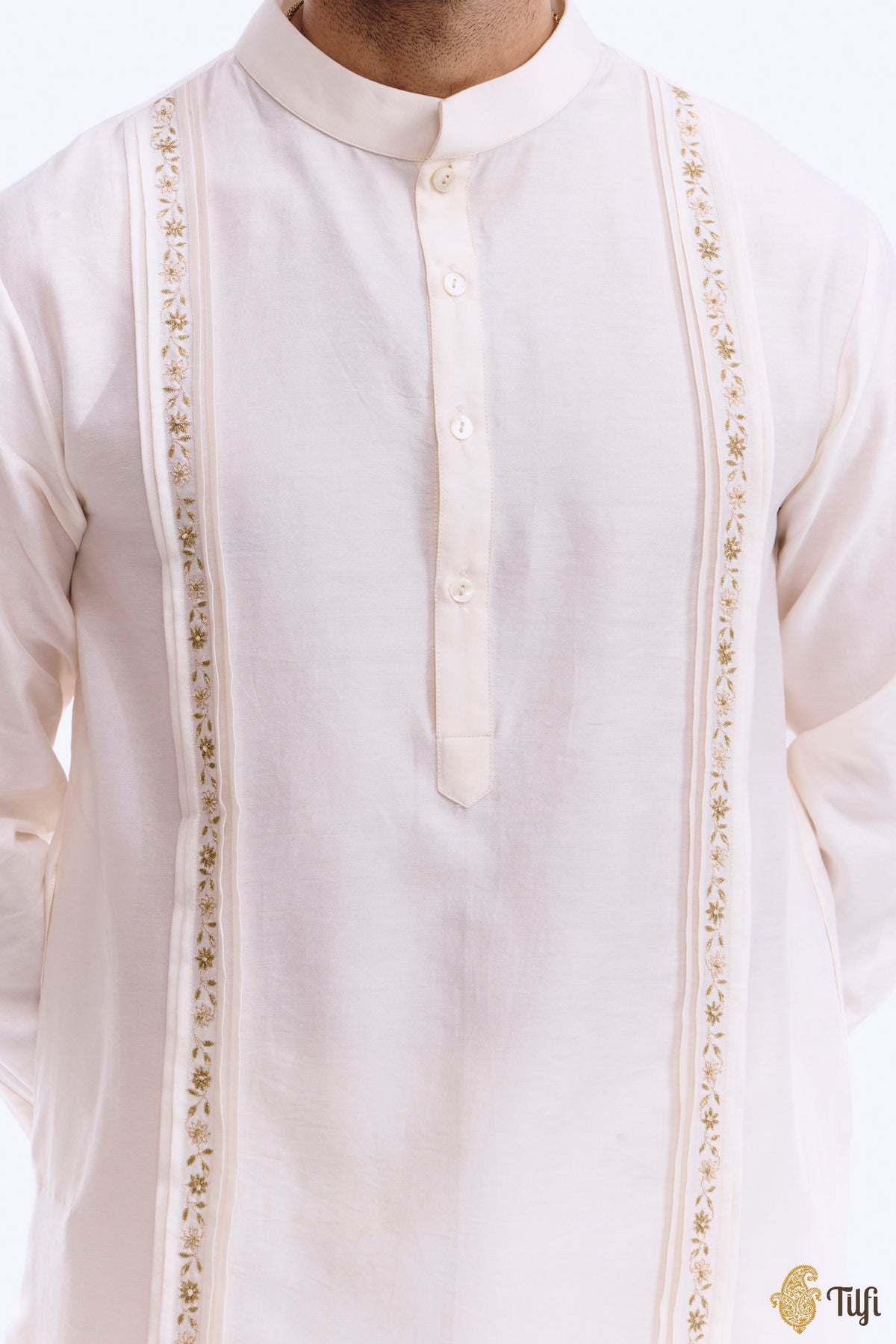 Off-white Silk Cotton Hand-embroidered Kurta Set