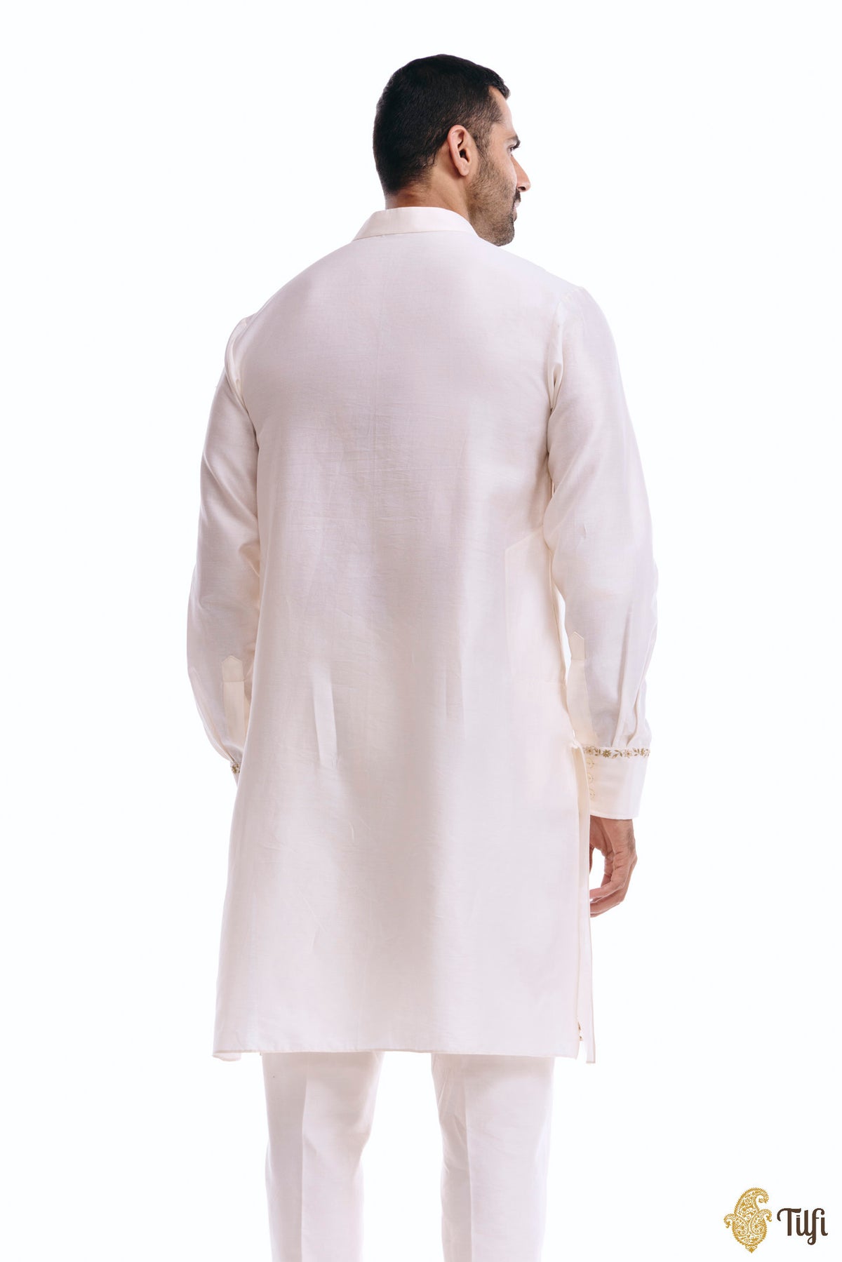 Off-white Silk Cotton Hand-embroidered Kurta Set