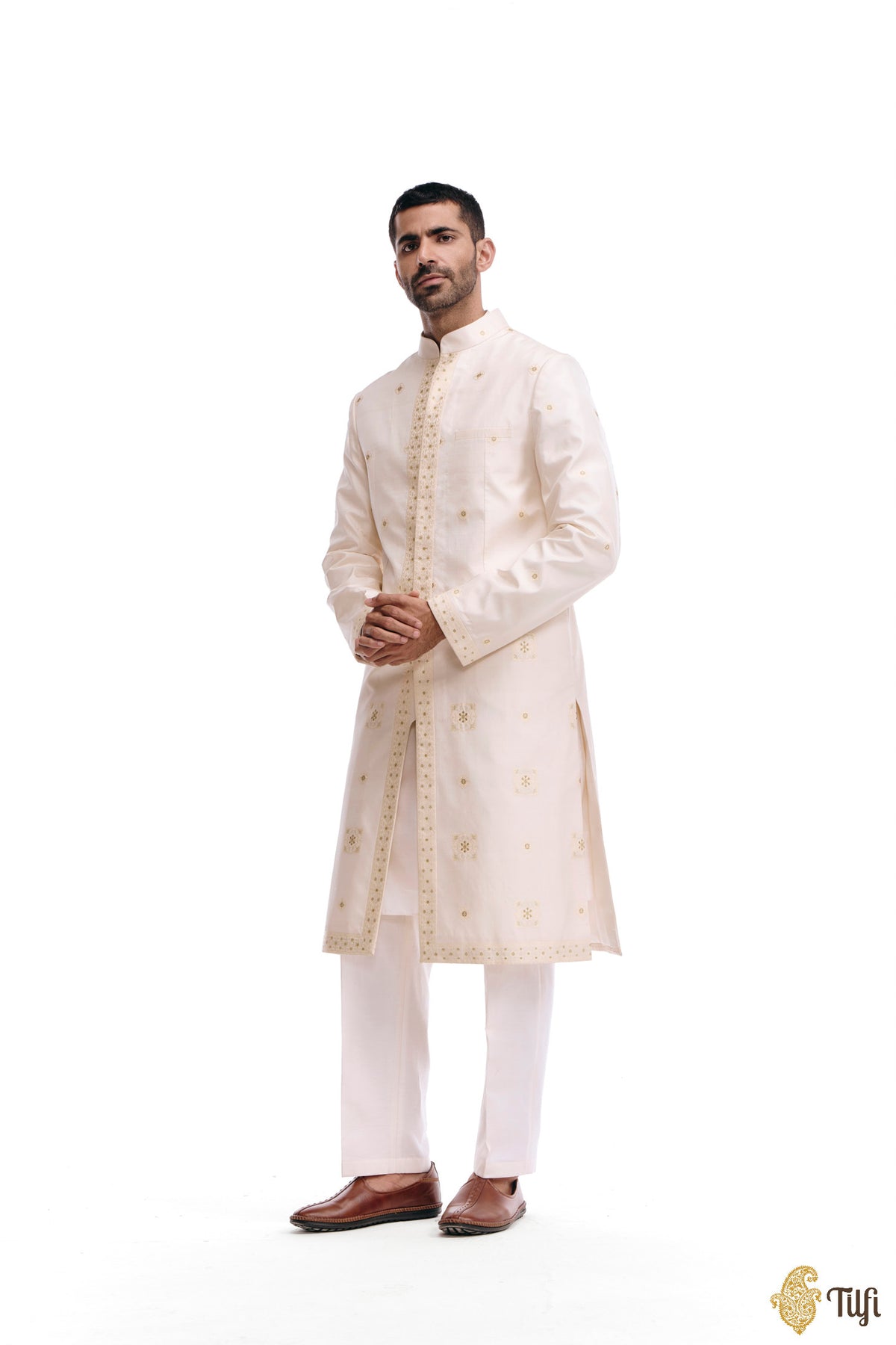 Off-White Pure Katan Silk Sherwani