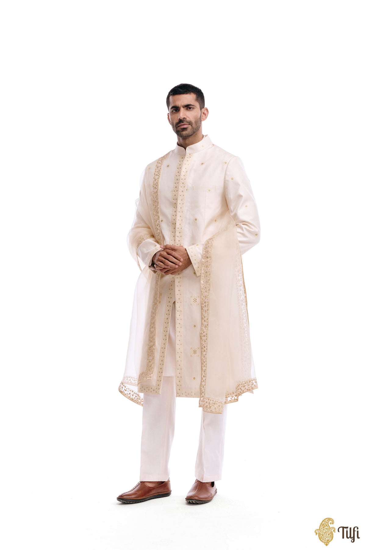 Off-White Pure Katan Silk Sherwani