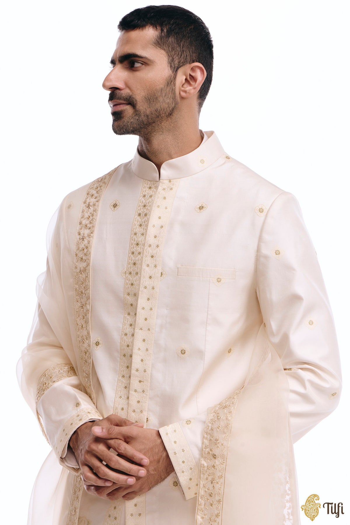 Off-White Pure Katan Silk Sherwani