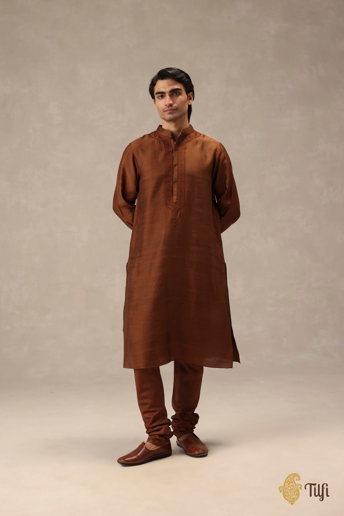 Brown Pure Silk Hand-Embroidered Kurta Suit Set