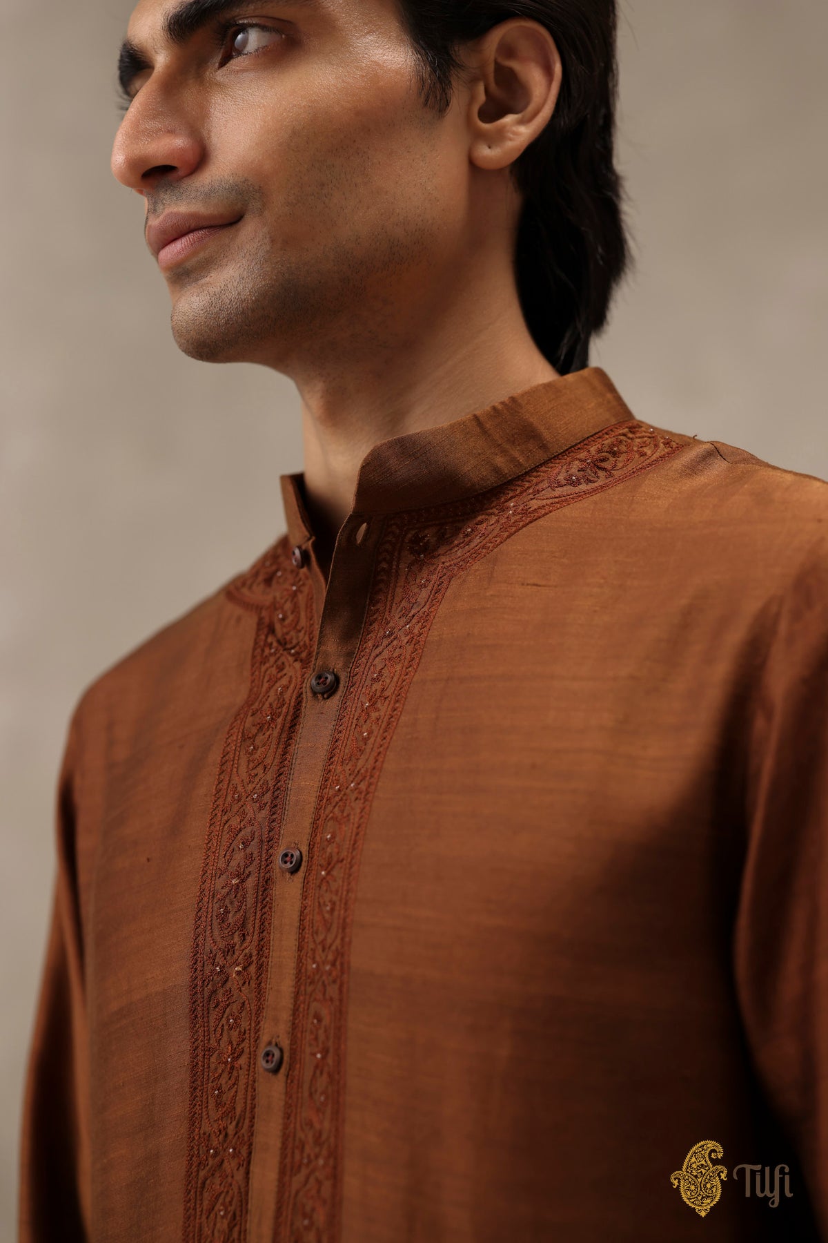 Brown Pure Silk Hand-Embroidered Kurta Suit Set