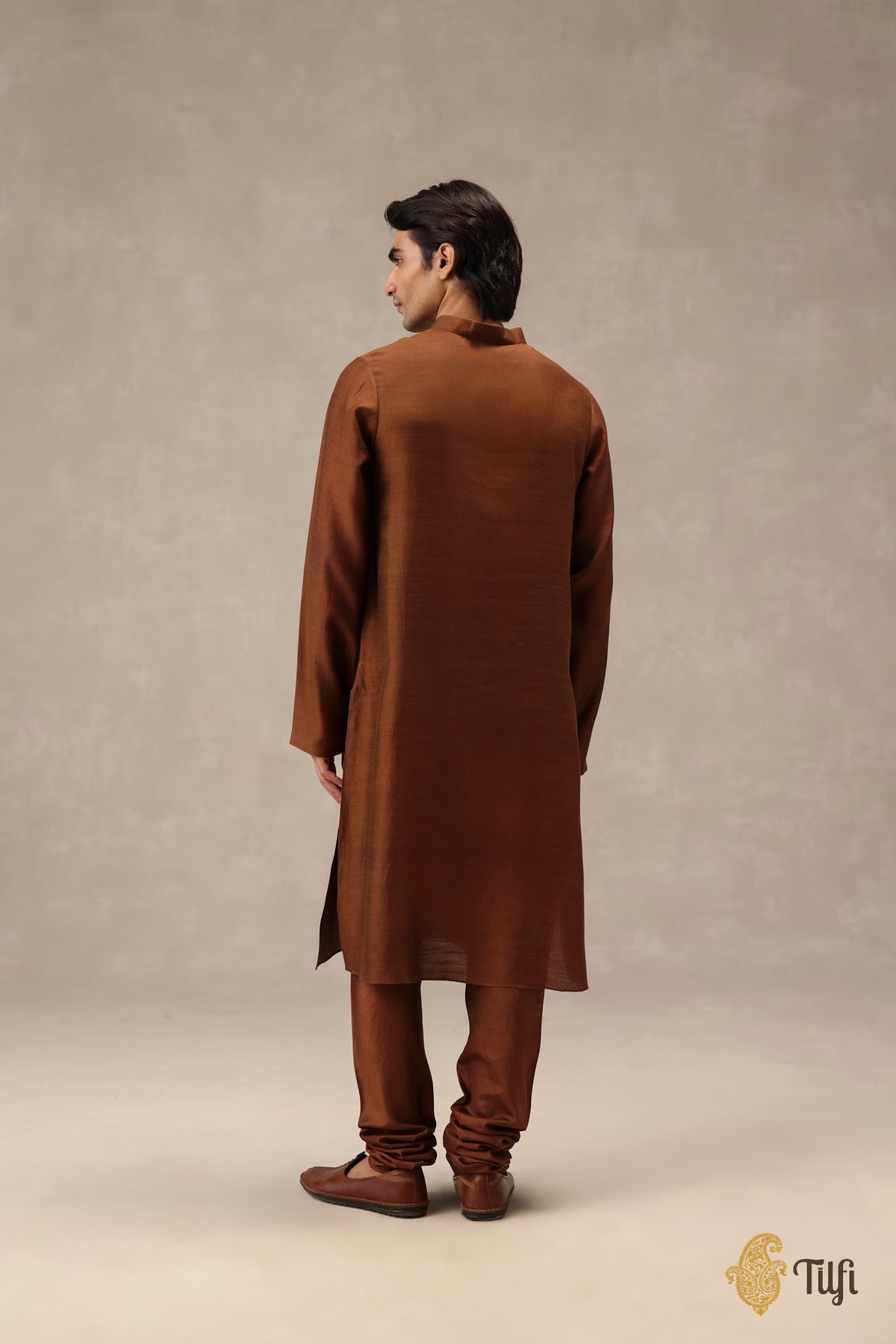 Brown Pure Silk Hand-Embroidered Kurta Suit Set