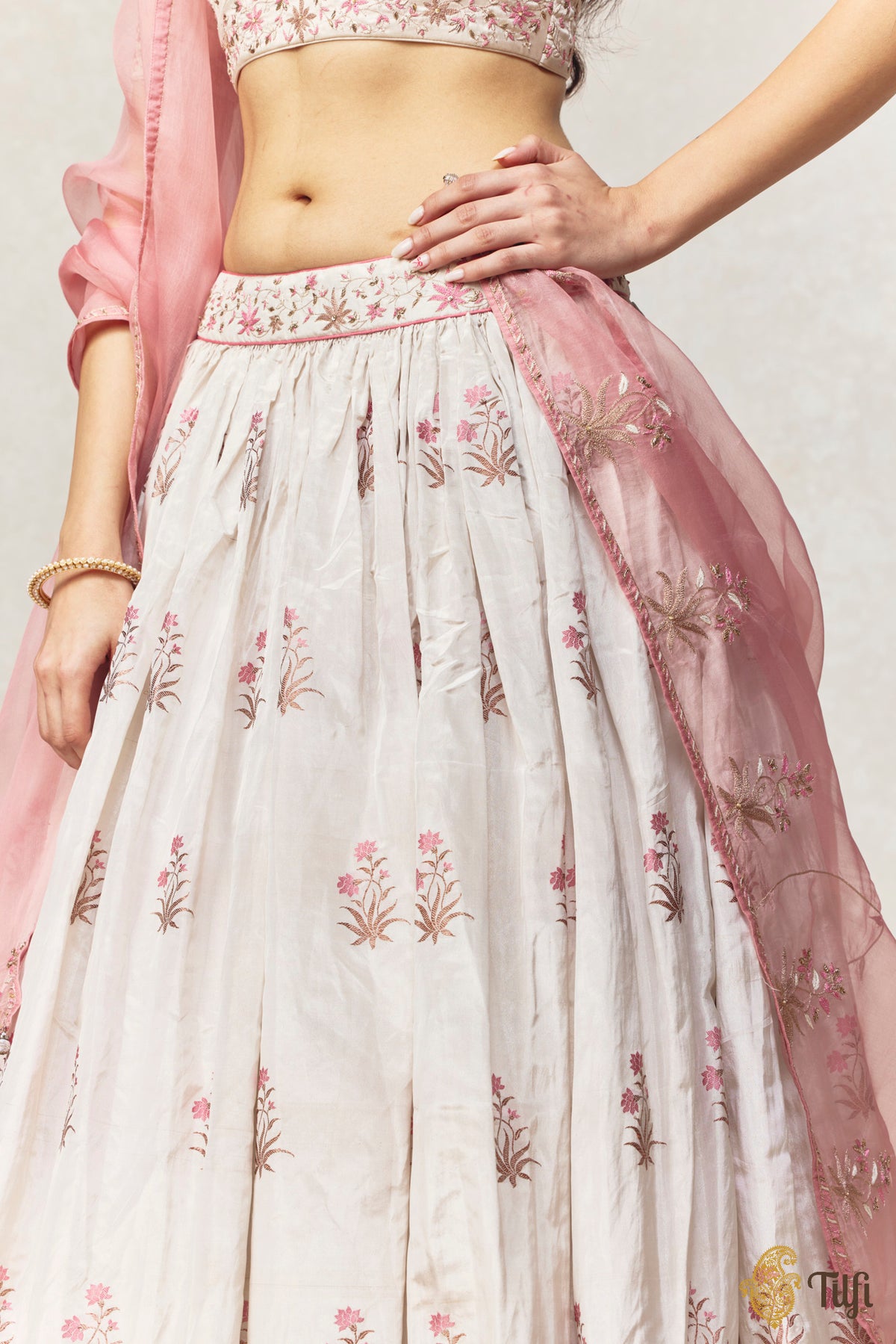 White-Silver Tissue Banarasi Handloom Lehenga Set with Hand-embroidered Dupatta