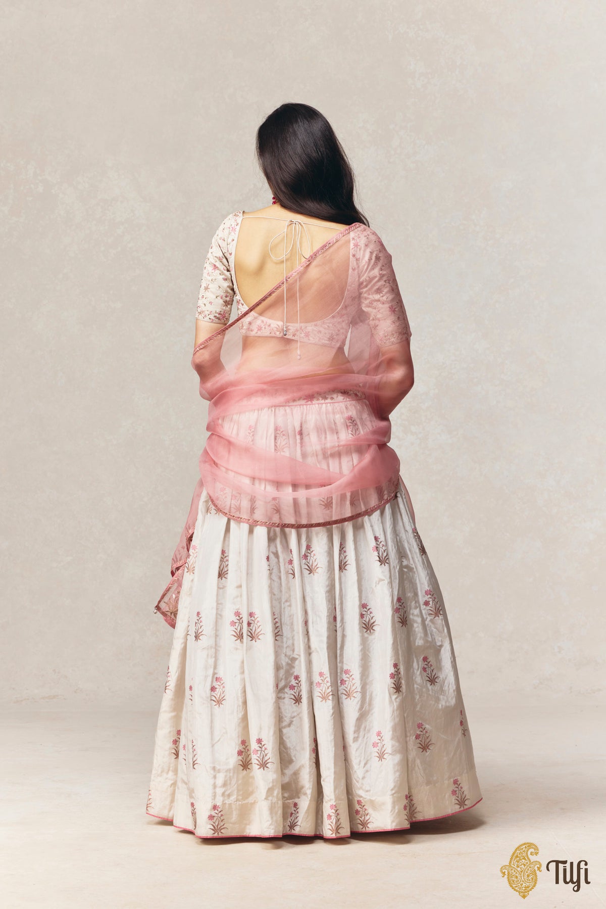 White-Silver Tissue Banarasi Handloom Lehenga Set with Hand-embroidered Dupatta