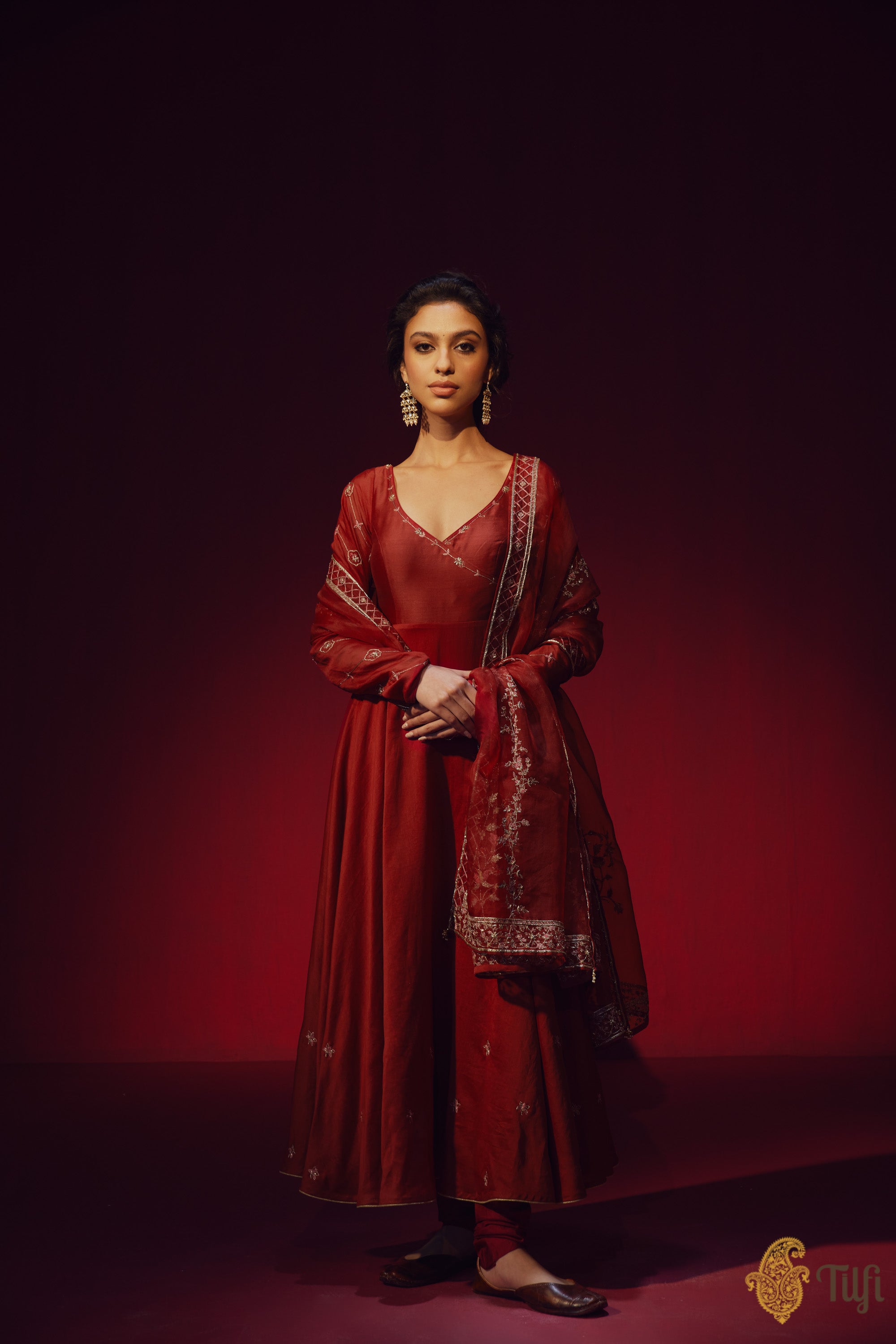silk anarkali dress with dupatta Ishq Red Silk Anarkali with Chooridar and Off White Hand Embroidered Dupatta (set of 3), L