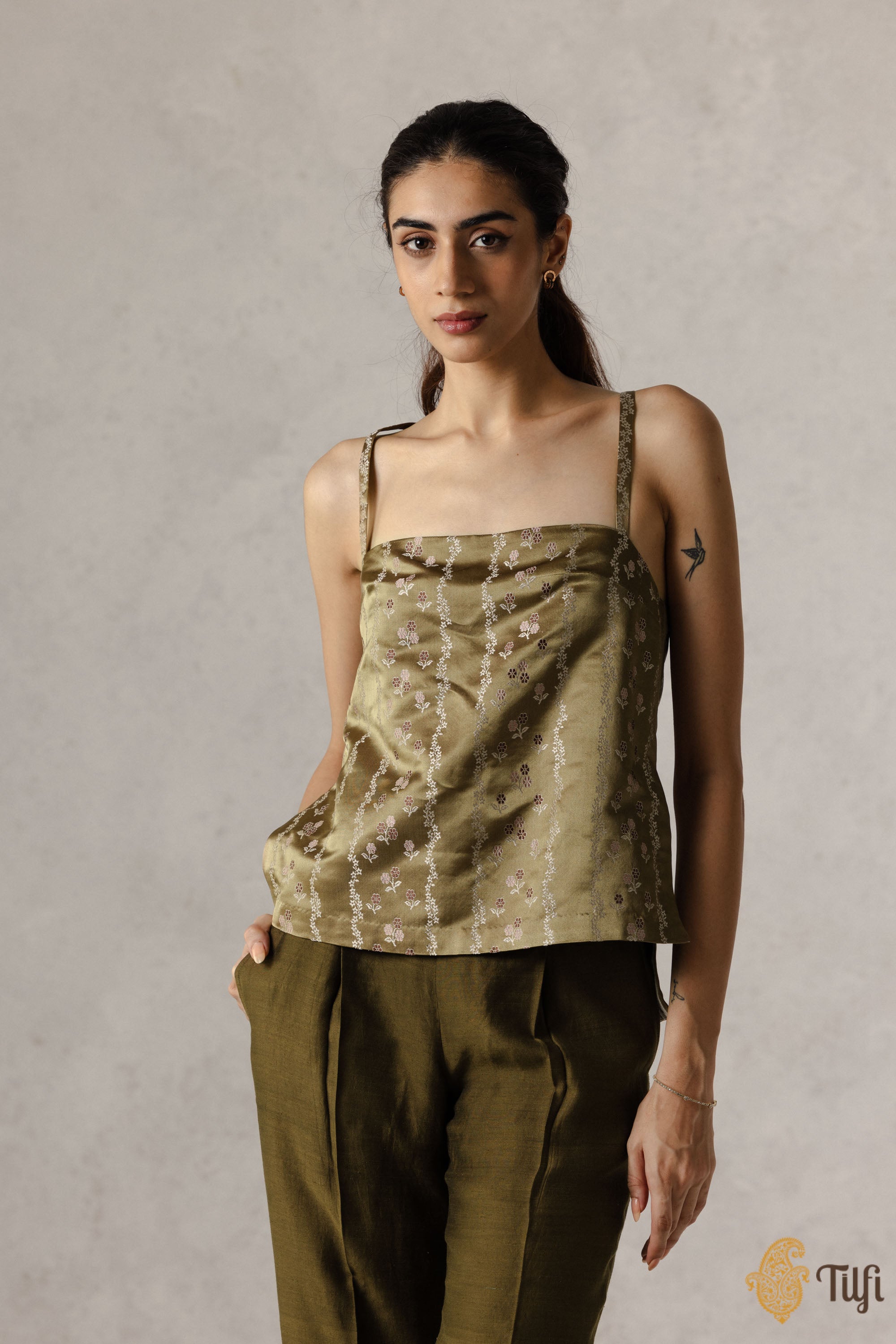 Moss Green Pure Satin Silk Striped Strappy Top - Main Image