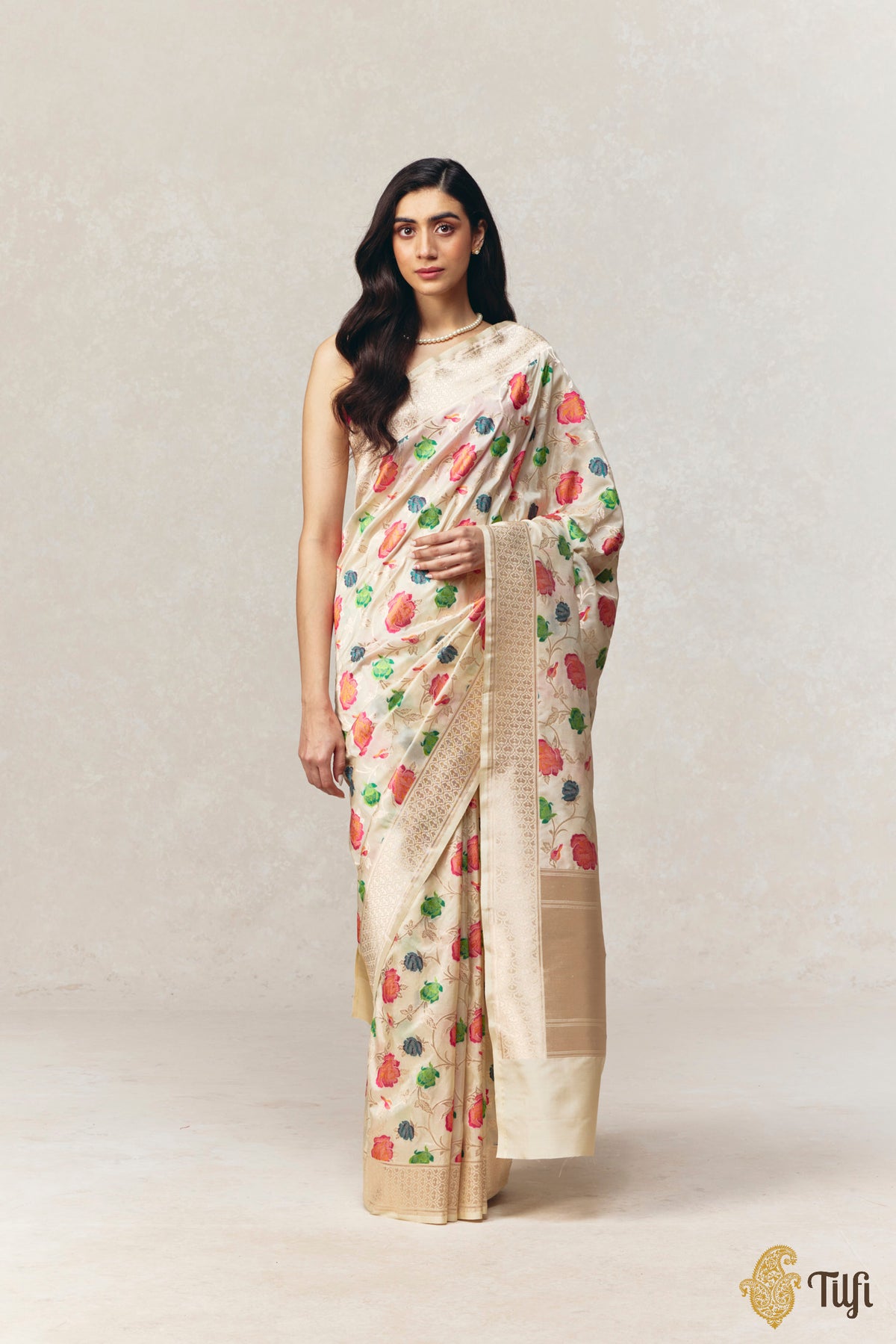 'Adana' Cream Pure Katan Silk Banarasi Handloom Saree