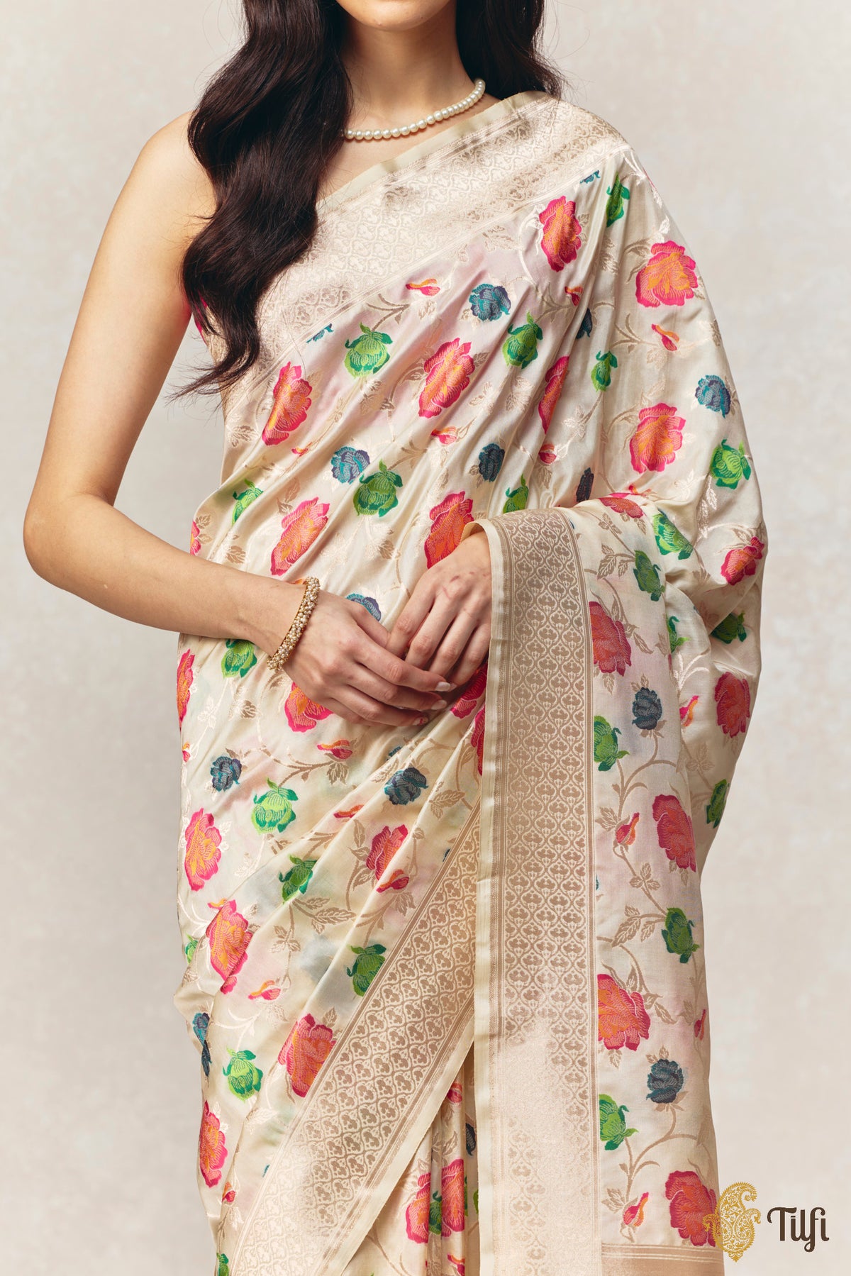 'Adana' Cream Pure Katan Silk Banarasi Handloom Saree