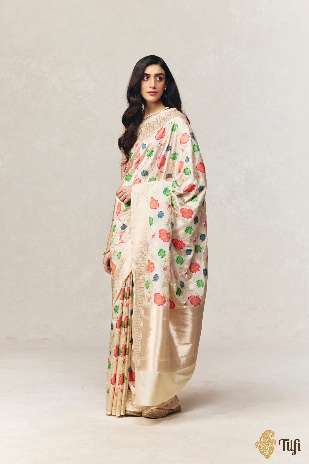 'Adana' Cream Pure Katan Silk Banarasi Handloom Saree