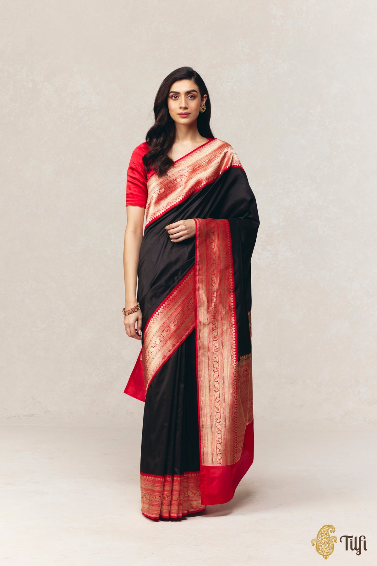 Black-Red Pure Katan Silk Banarasi Kadiyal Handloom Saree