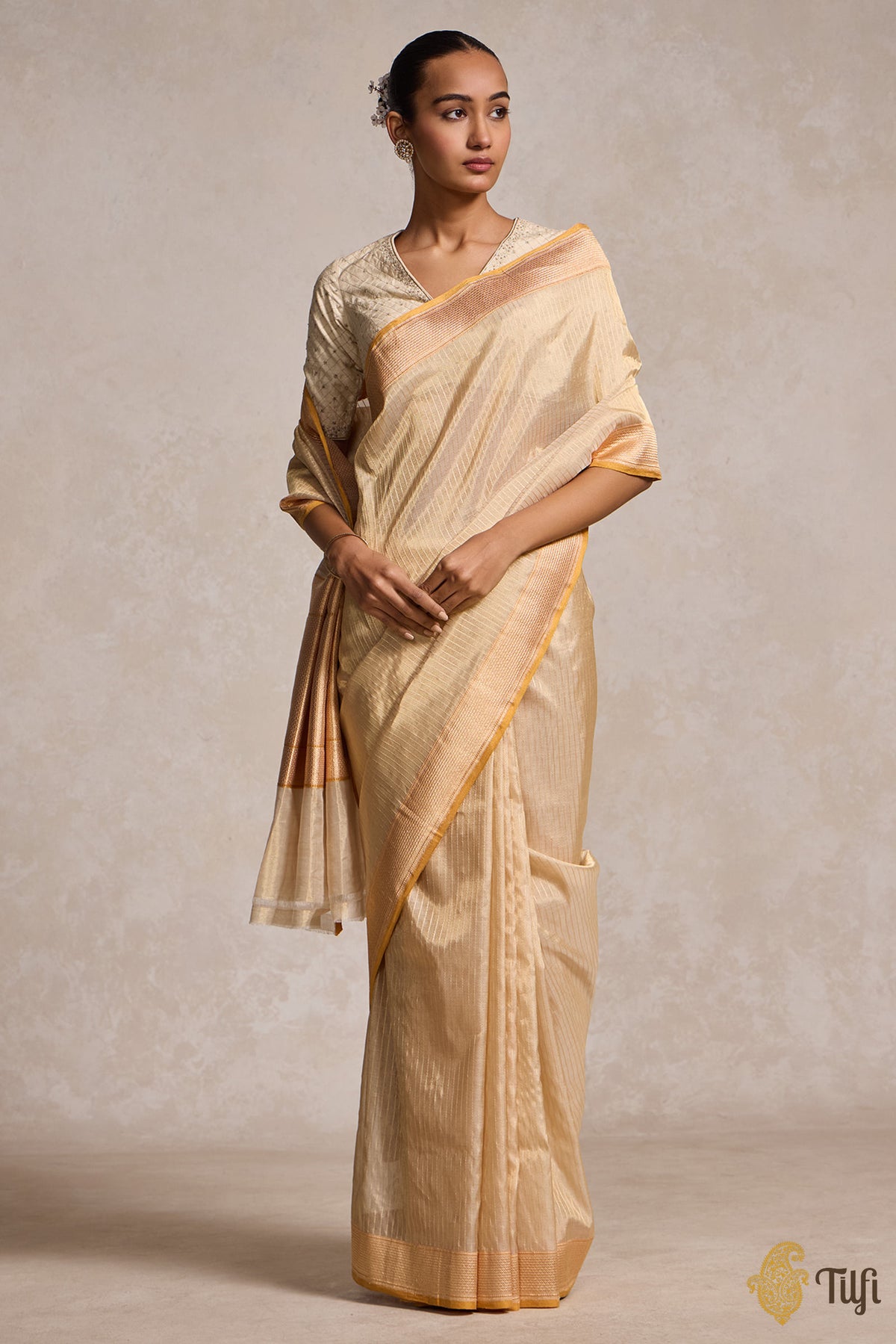 Beige-Gold Pure Cotton Tissue Banarasi Handloom Saree