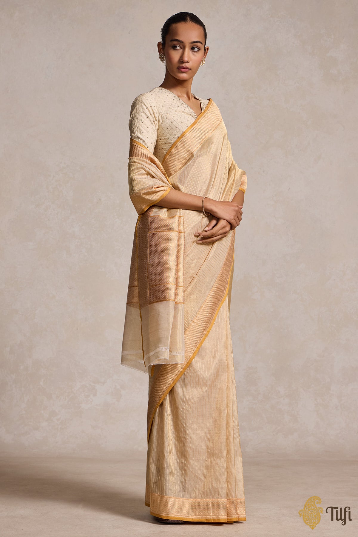 Beige-Gold Pure Cotton Tissue Banarasi Handloom Saree