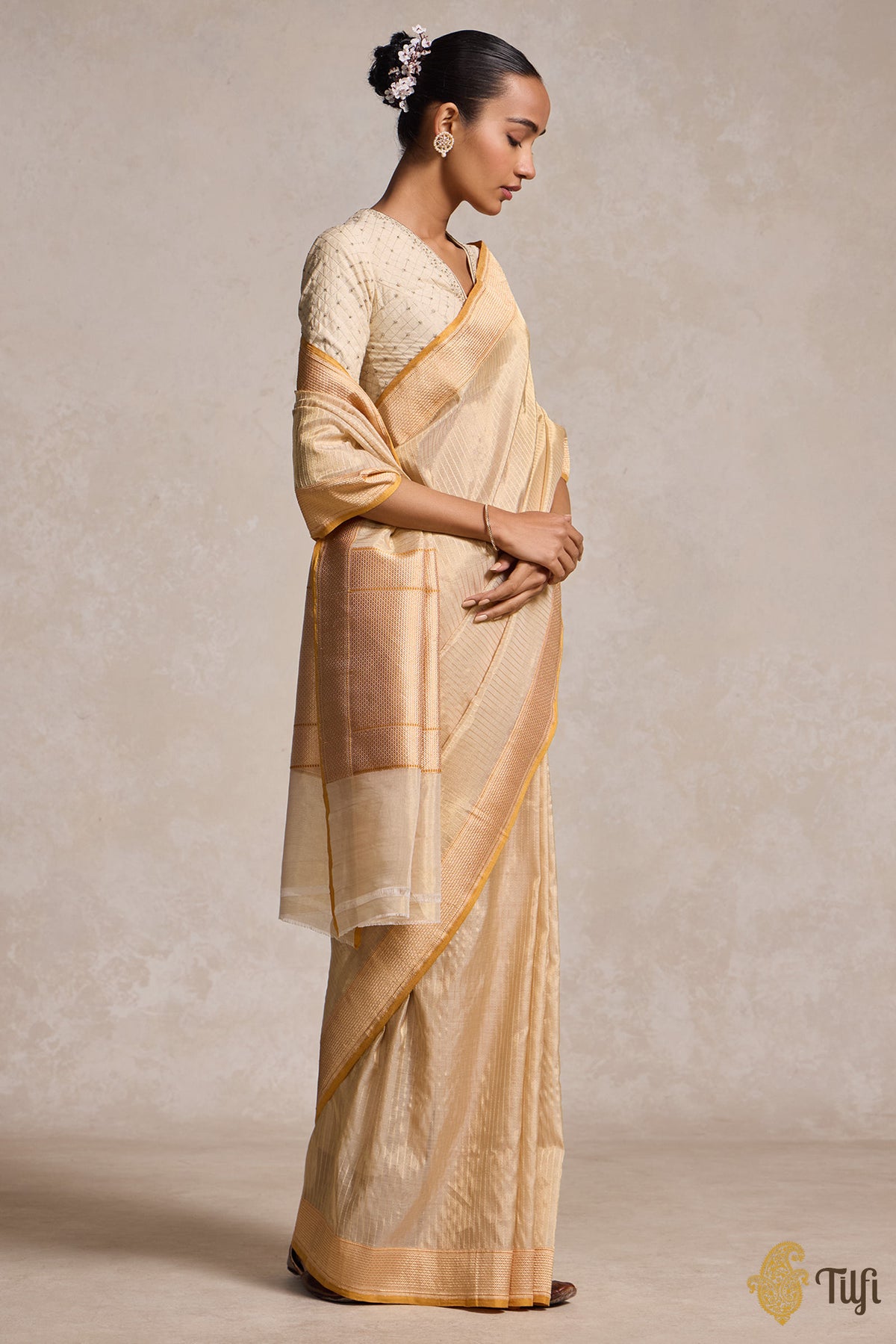 Beige-Gold Pure Cotton Tissue Banarasi Handloom Saree