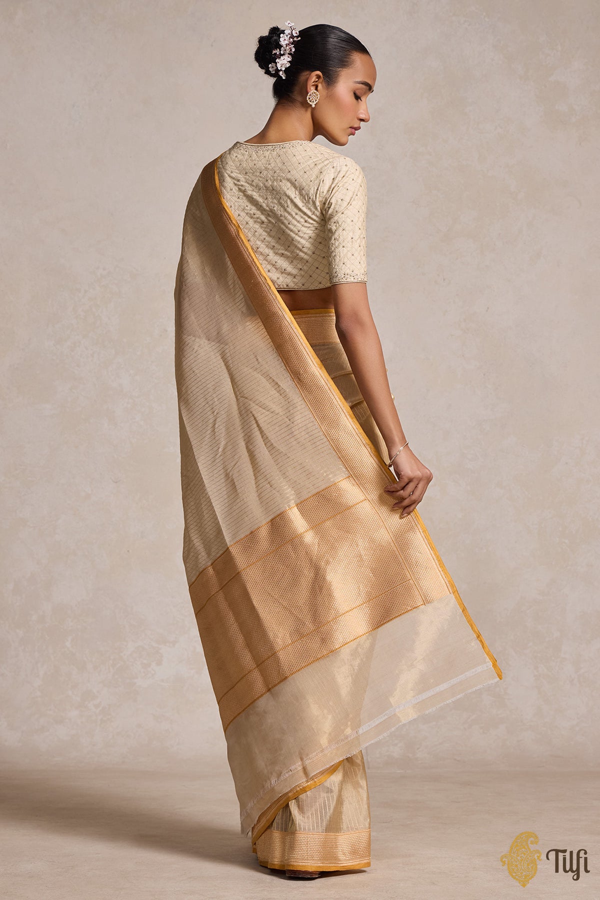 Beige-Gold Pure Cotton Tissue Banarasi Handloom Saree