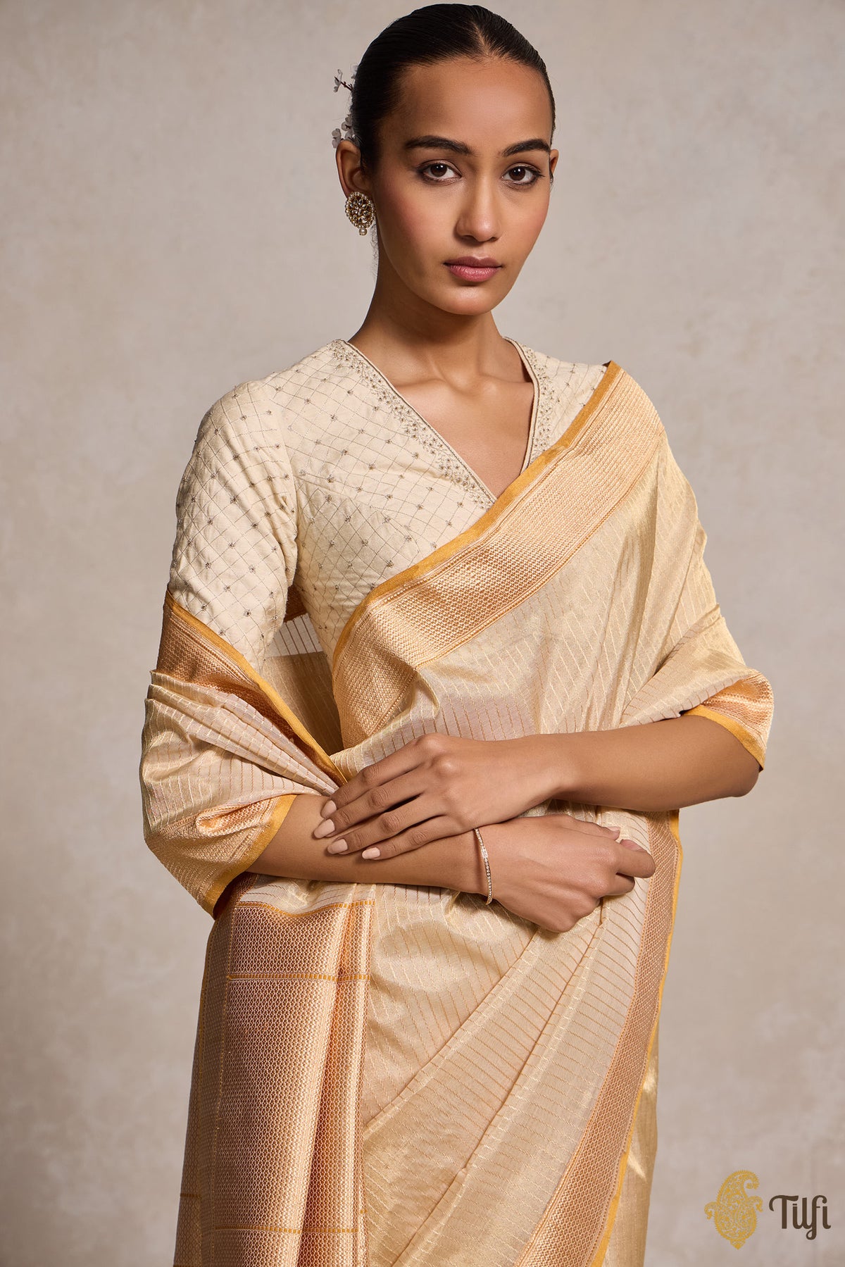 Beige-Gold Pure Cotton Tissue Banarasi Handloom Saree