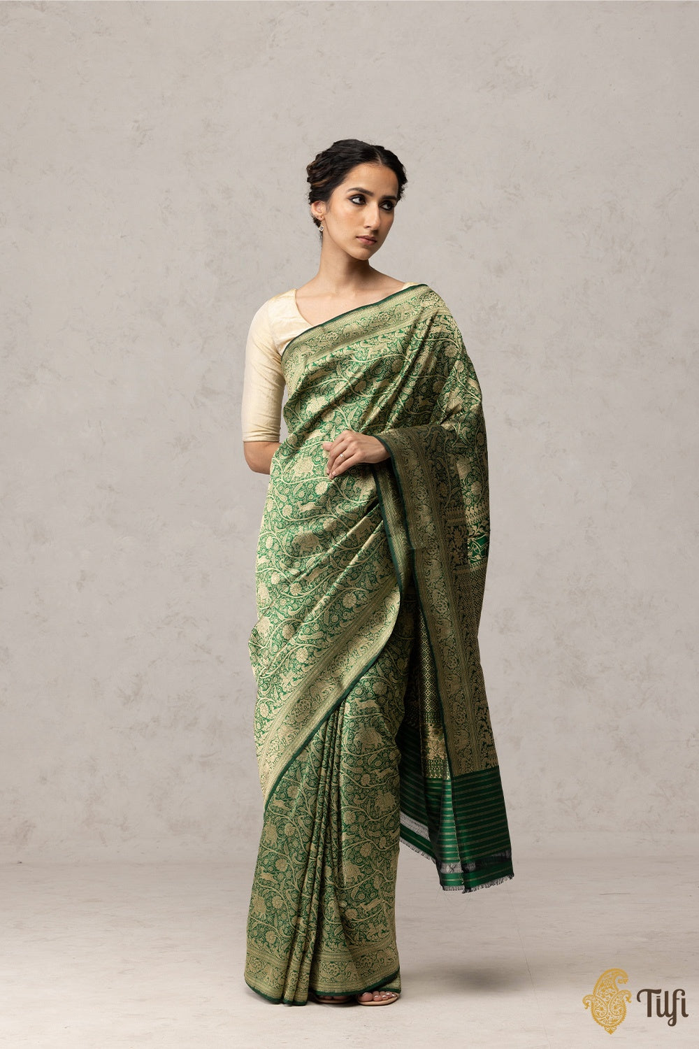 Pre-Order: 'Preshti' Deep Green Pure Soft Satin Silk Banarasi
