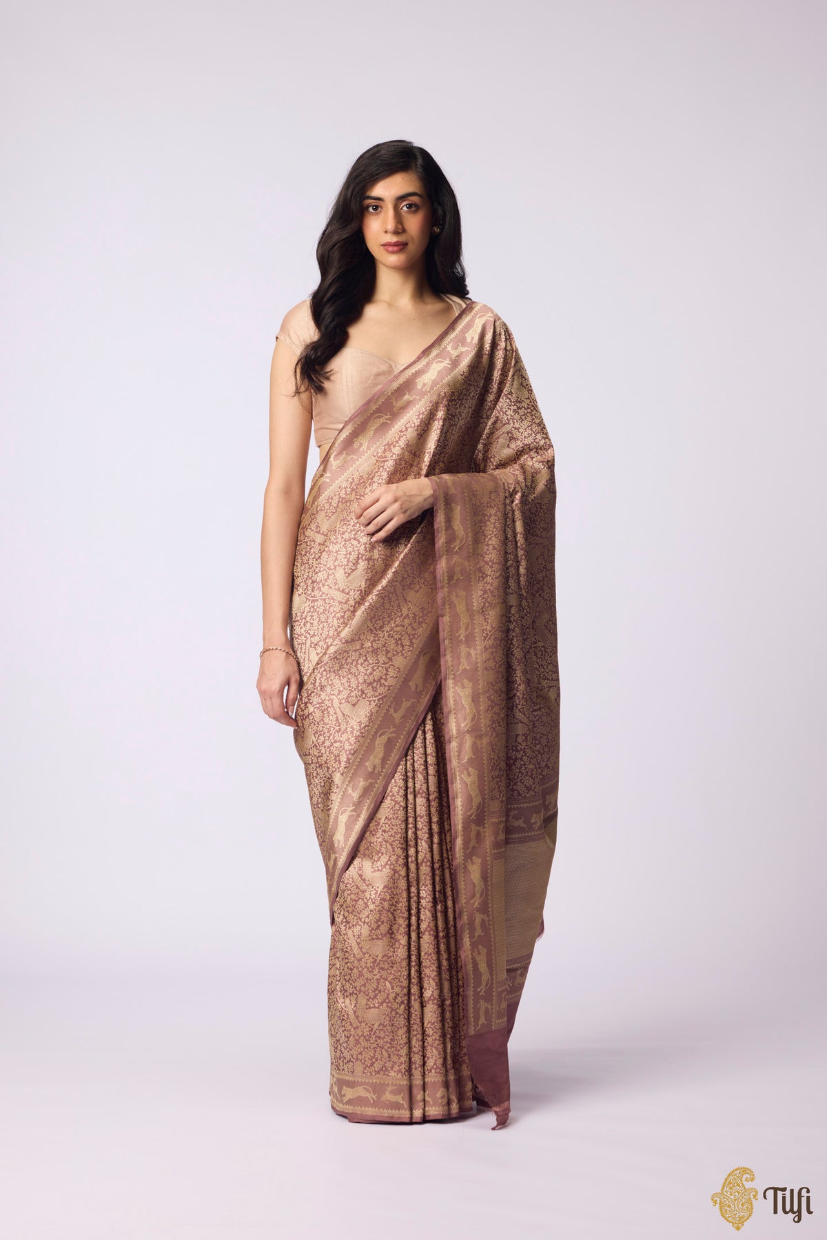 Pre-Order: 'Peacock on the Rampart' Dark Rosy Brown Pure Katan Silk Banarasi Handloom Saree