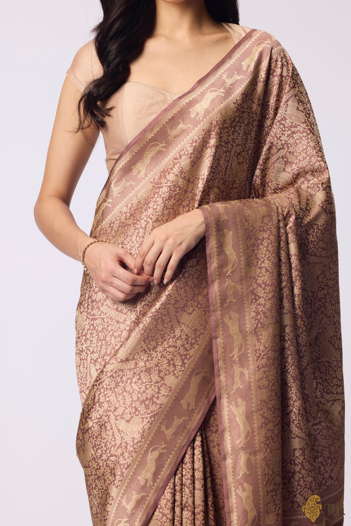 Pre-Order: 'Peacock on the Rampart' Dark Rosy Brown Pure Katan Silk Banarasi Handloom Saree