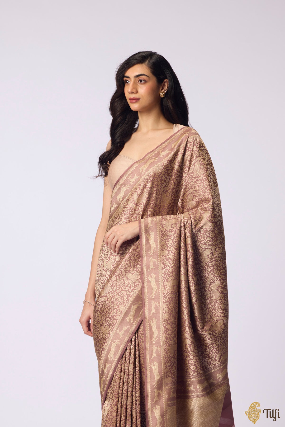 Pre-Order: 'Peacock on the Rampart' Dark Rosy Brown Pure Katan Silk Banarasi Handloom Saree