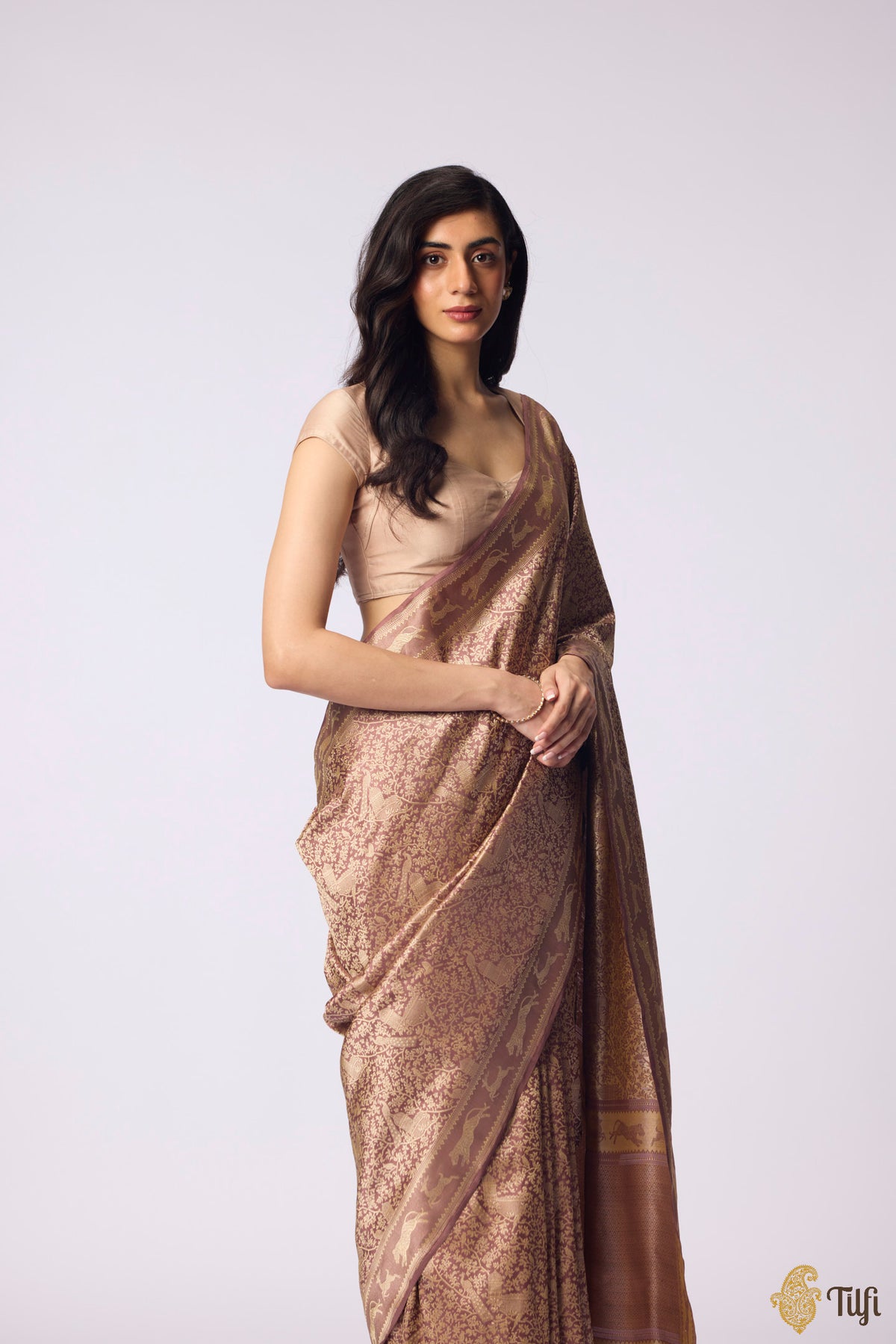Pre-Order: 'Peacock on the Rampart' Dark Rosy Brown Pure Katan Silk Banarasi Handloom Saree